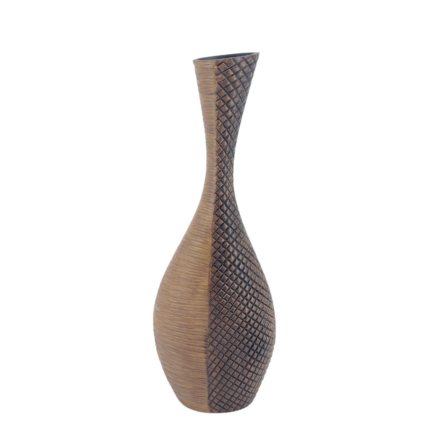 Vase mit schmalem Hals und zwei unterschiedlichen Oberflächenstrukturen in Braun
