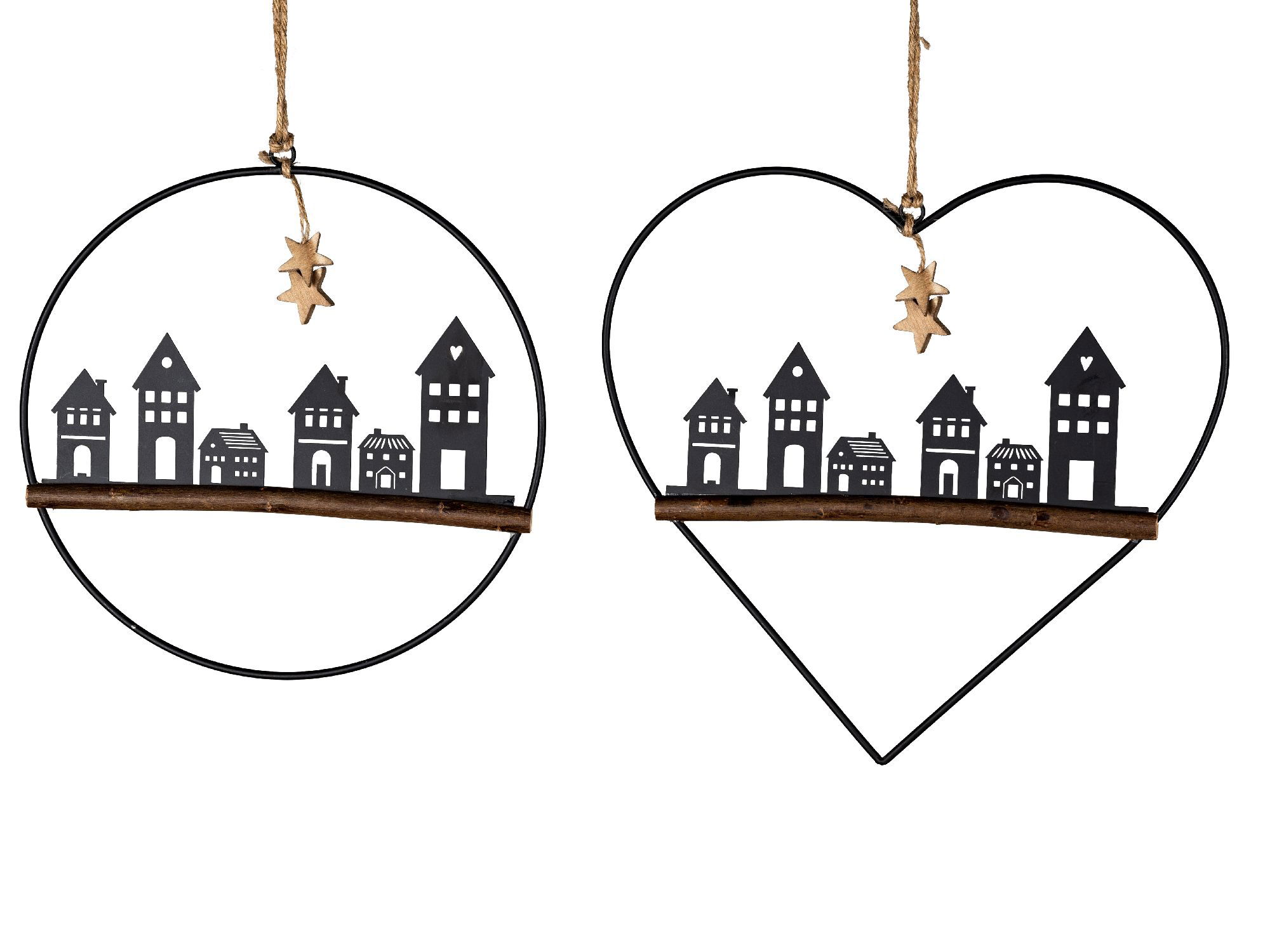 Zwei dekorative Metallrahmen in Kreis- und Herzform, mit schwarzen Haus-Silhouetten und einem Holzst
