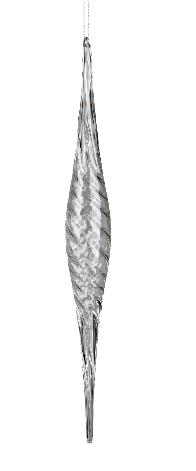 Durchsichtiger, spiralförmiger Glasanhänger in länglicher Form, an einer dünnen Schnur aufgehängt.