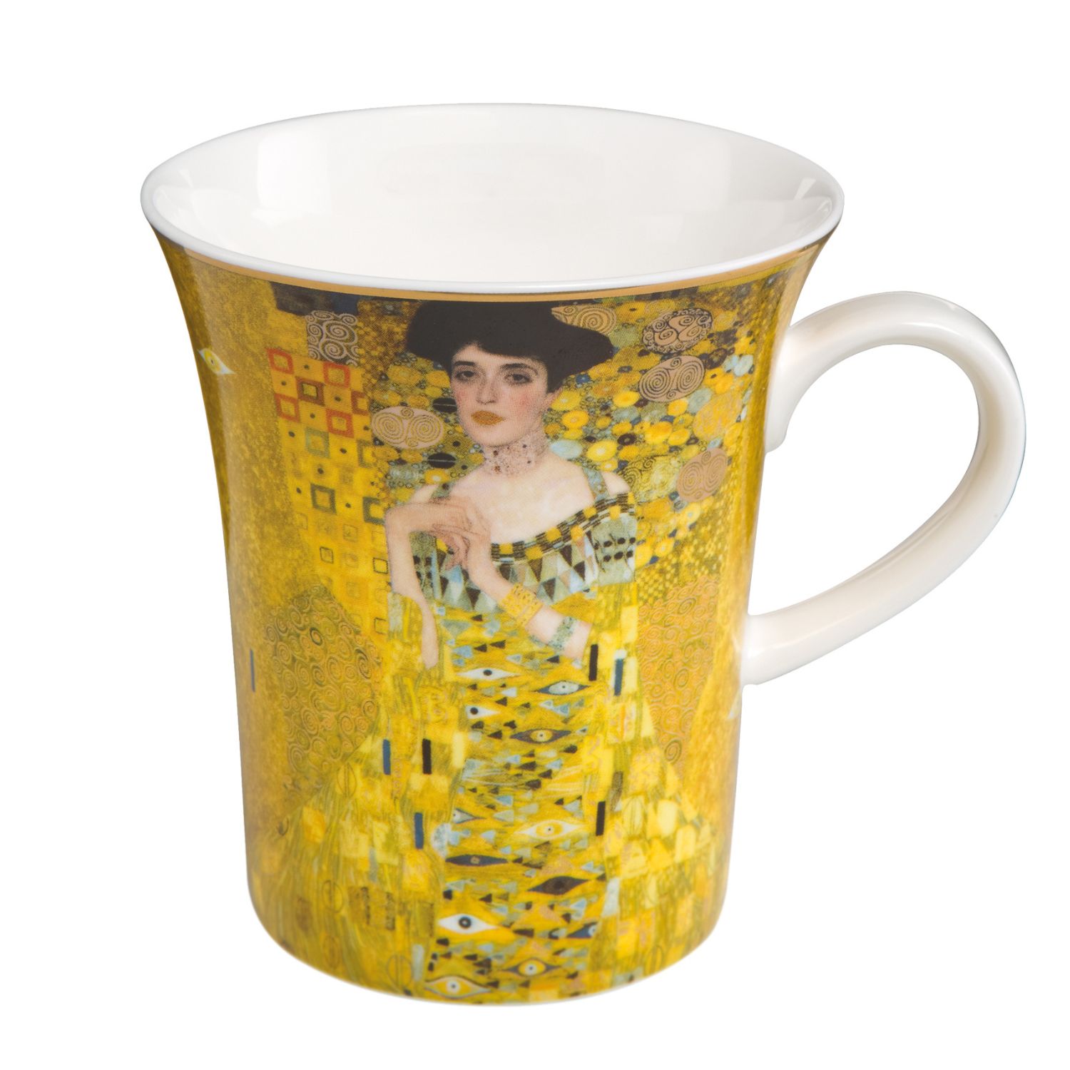 Tasse mit einem goldenen, künstlerischen Design, das eine Frau in einem gelben Kleid zeigt, umgeben von geometrischen Mustern.