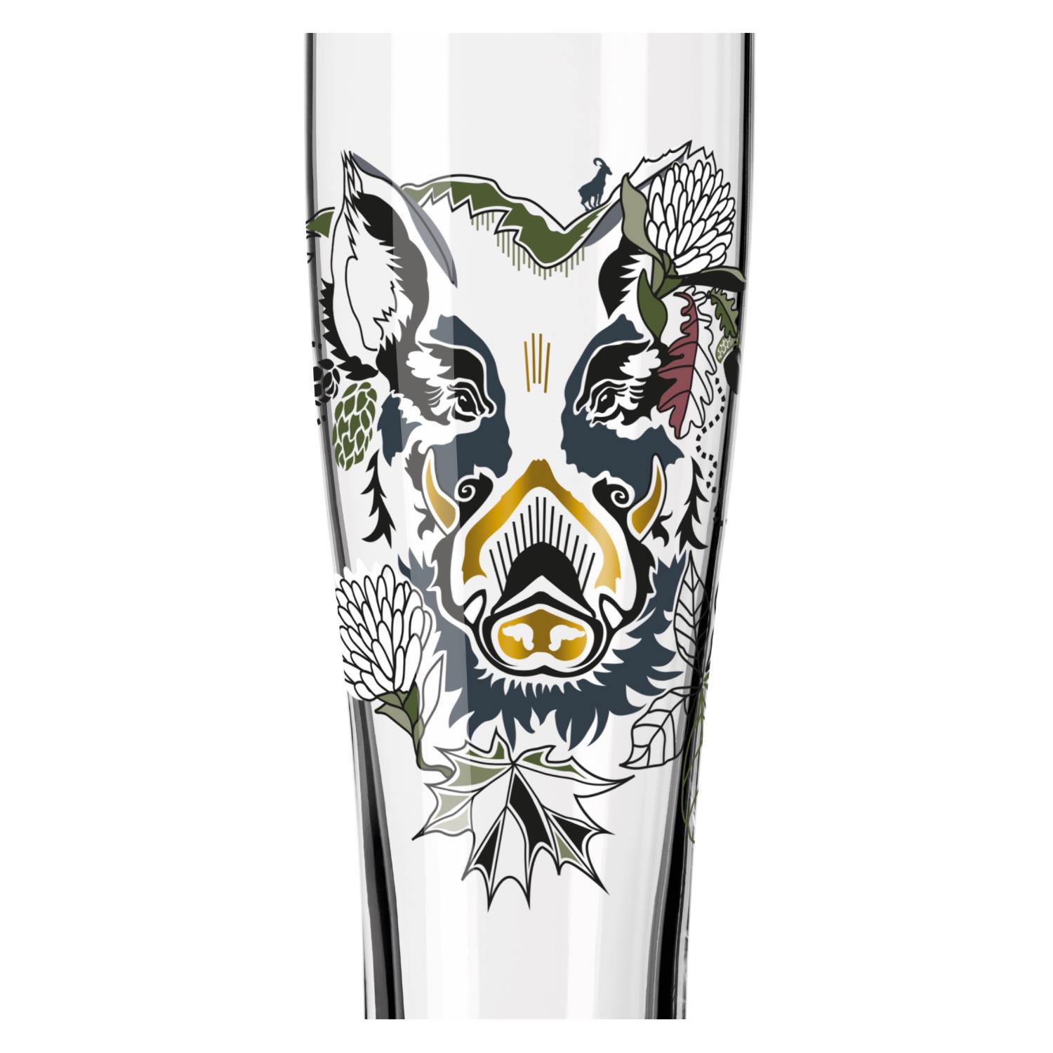 Ein Glas mit einer bunten Illustration eines Wildschweins, umgeben von Pflanzenmotiven und geometrischen Formen.