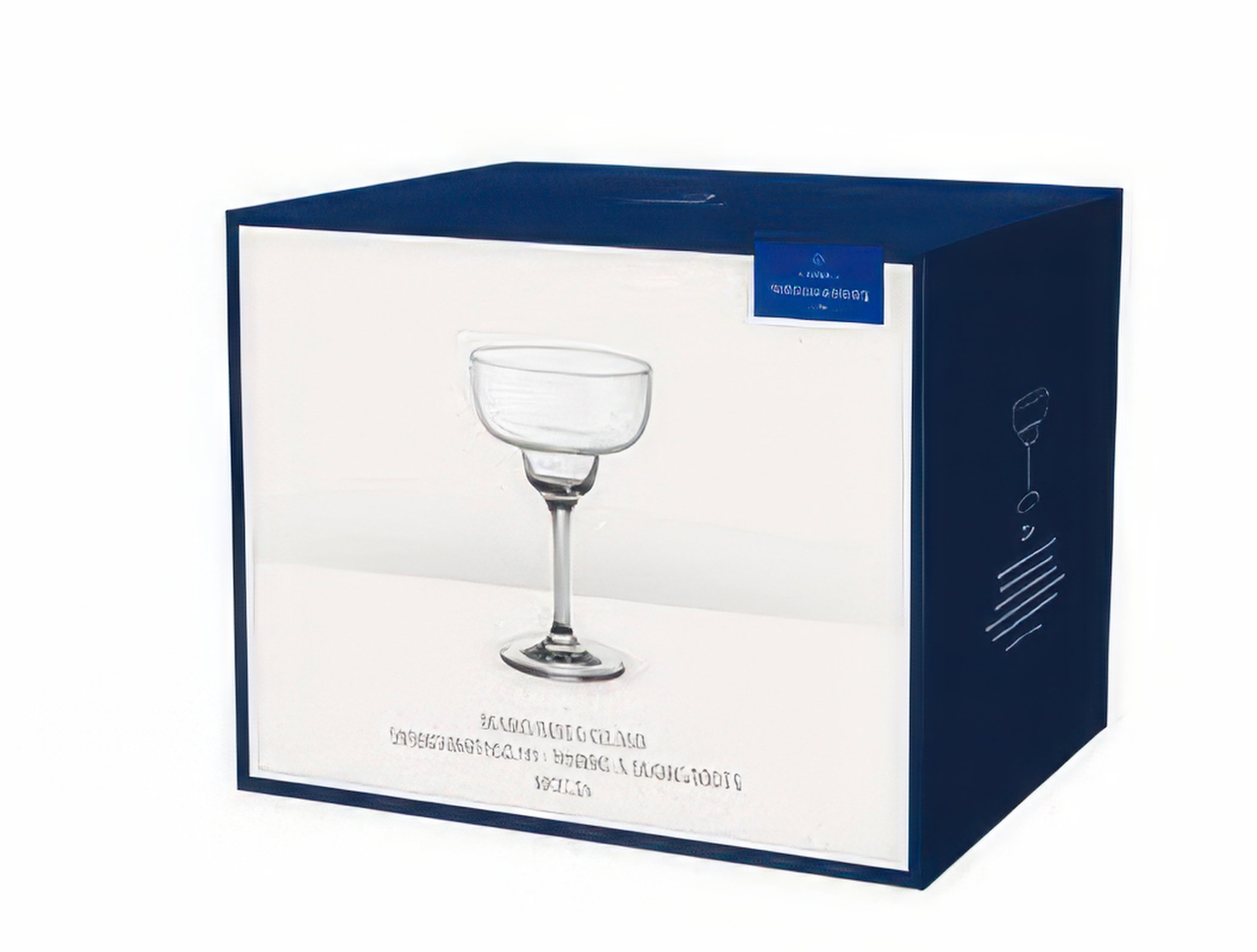 Eine Verpackung mit einem transparenten Glas auf einem Stiel, das in der Mitte abgebildet ist. Die Box hat eine blaue Farbe.