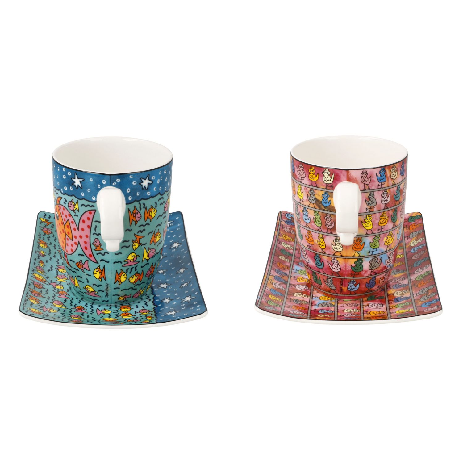 2er Set James Rizzi Tassen mit UT Family of Fish + We are the Birds Goebel