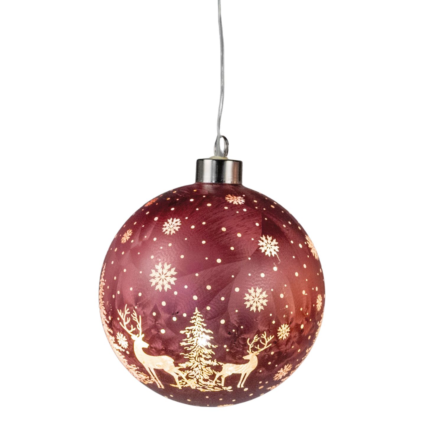 Rote Christbaumkugel mit Schneeflocken und Rentiermotiv, oben Metallkappe mit Aufhänger