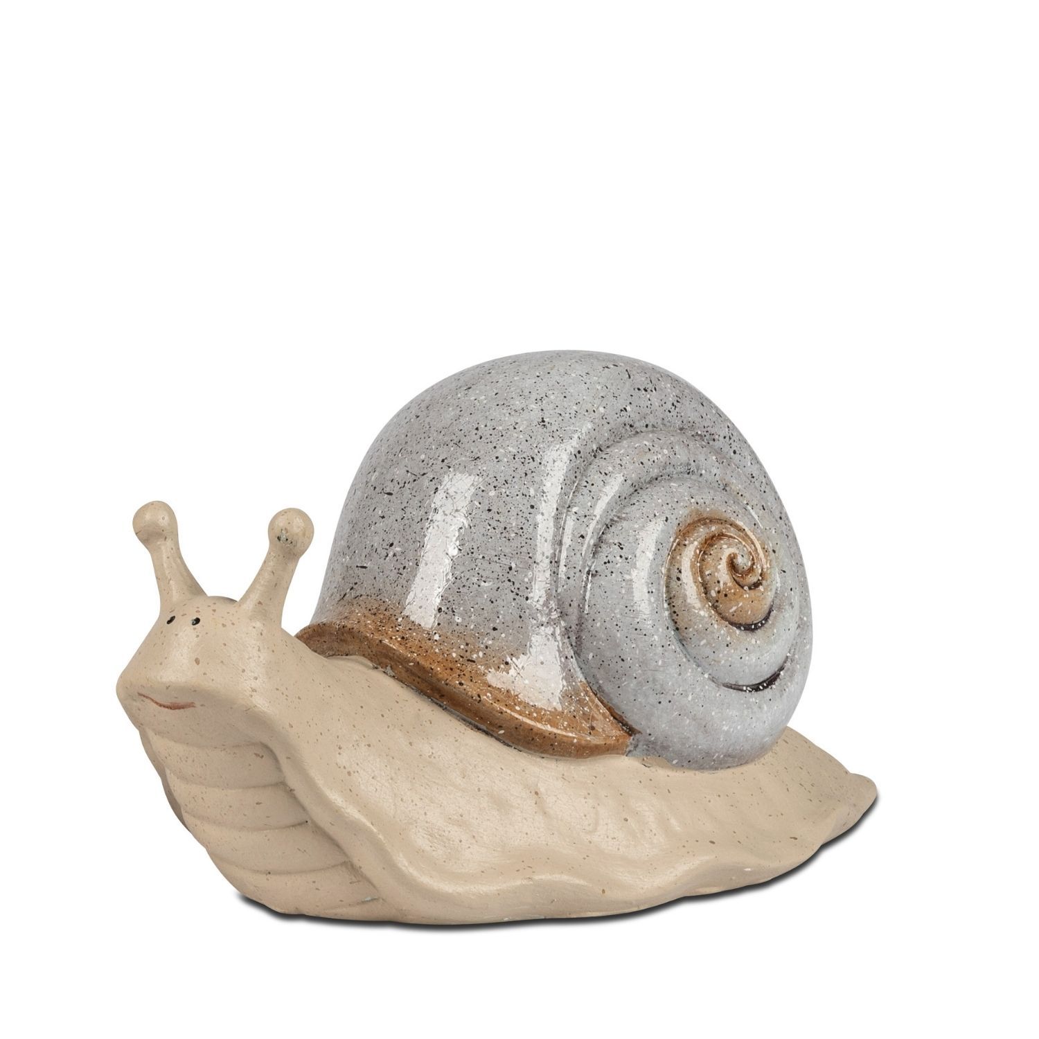 Keramische Schneckenfigur mit hellgrauem Spiralhaus auf weißem Hintergrund