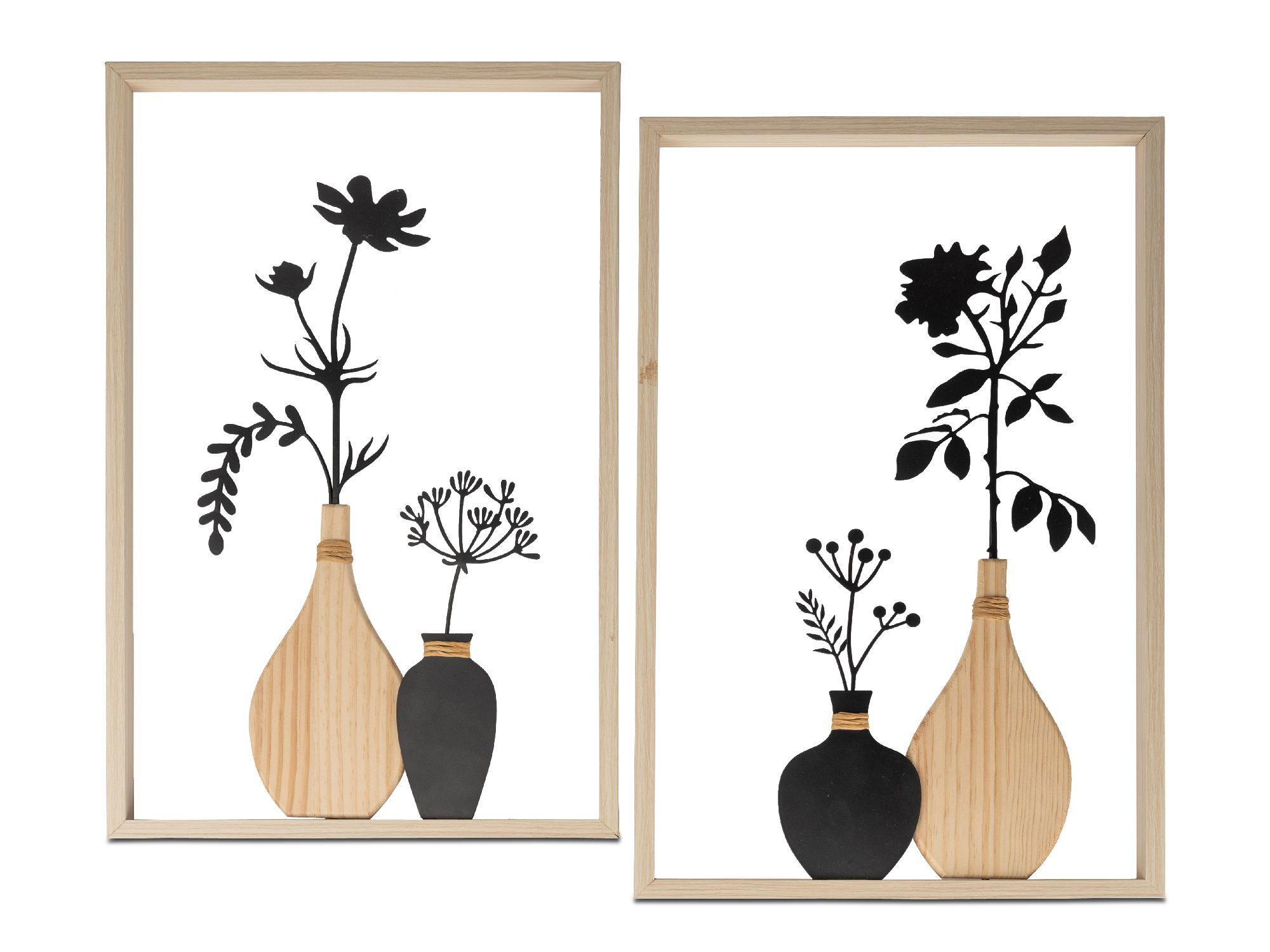 Zwei Bilderrahmen mit stilisierten, schwarzen Pflanzenmotiven in Vasen. Eine Vase ist aus Holz, die