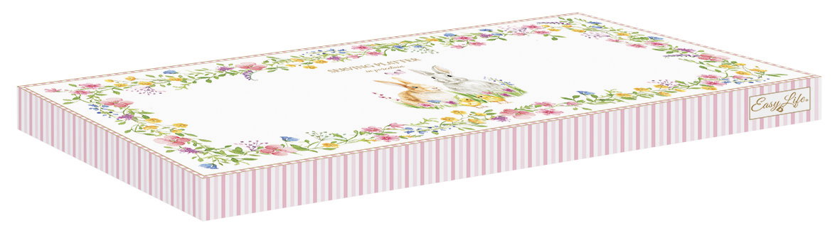 Schachtel mit floralem Muster und zwei Hasenmotiven in der Mitte, umgeben von bunten Blumen und einem gestreiften Rand.
