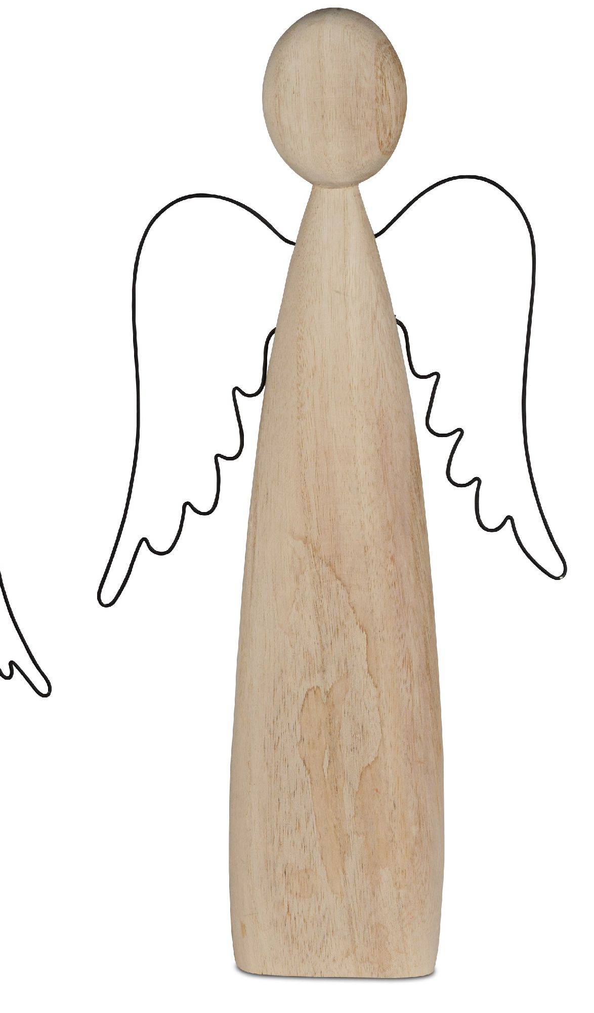 Holzfigur eines Engels mit runder Kopf- und Korpusform, umgeben von schwarzen, geschwungenen Flügeln