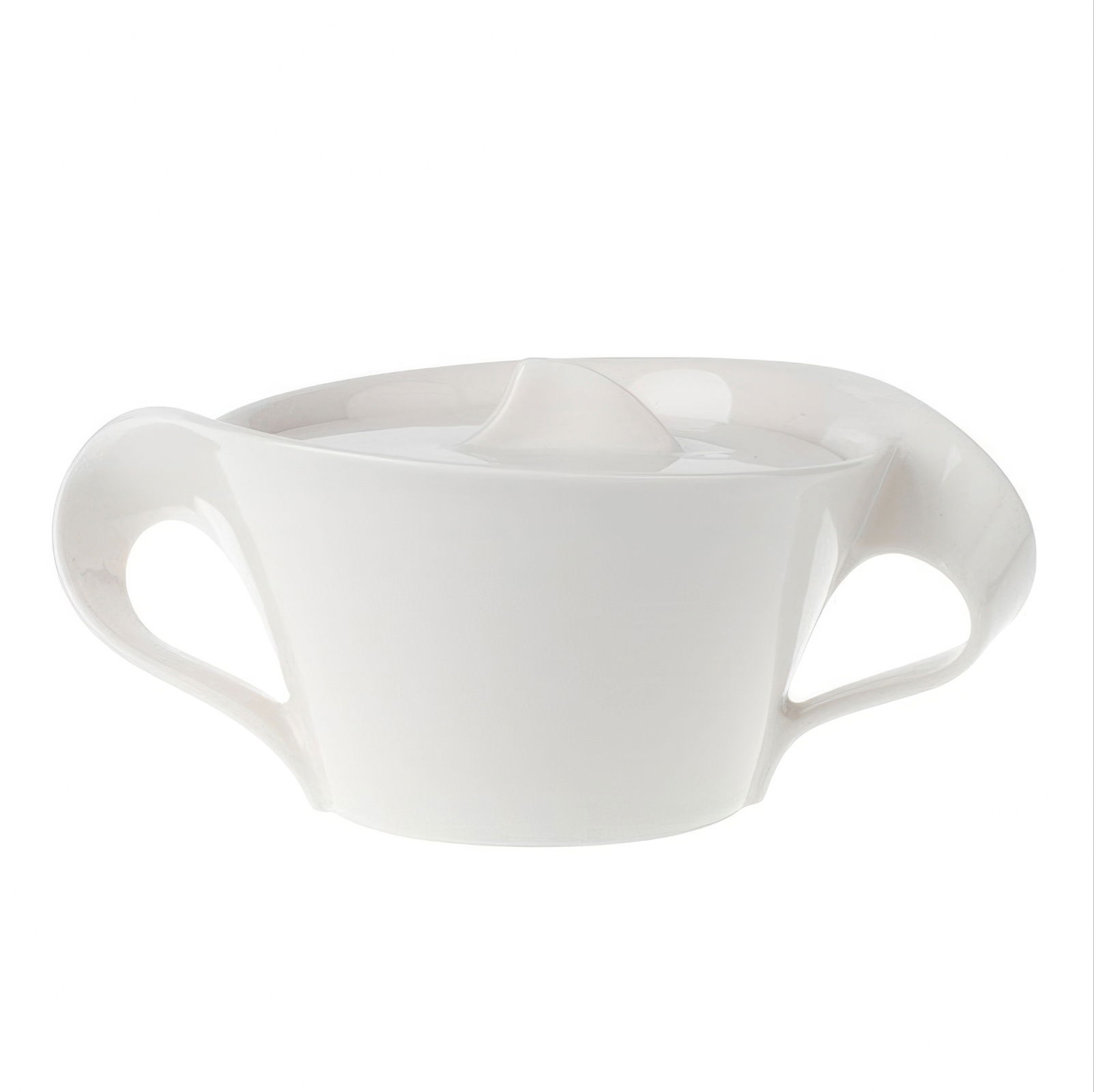 Weißes Porzellangefäß mit zwei Griffen und einem Deckel, leicht gewölbt in der Mitte.
