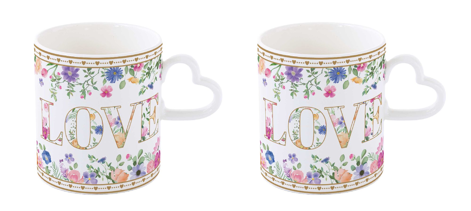 Zwei Tassen mit floralem Muster und dem Schriftzug "LOVE". Eine Tasse hat einen herzförmigen Henkel.