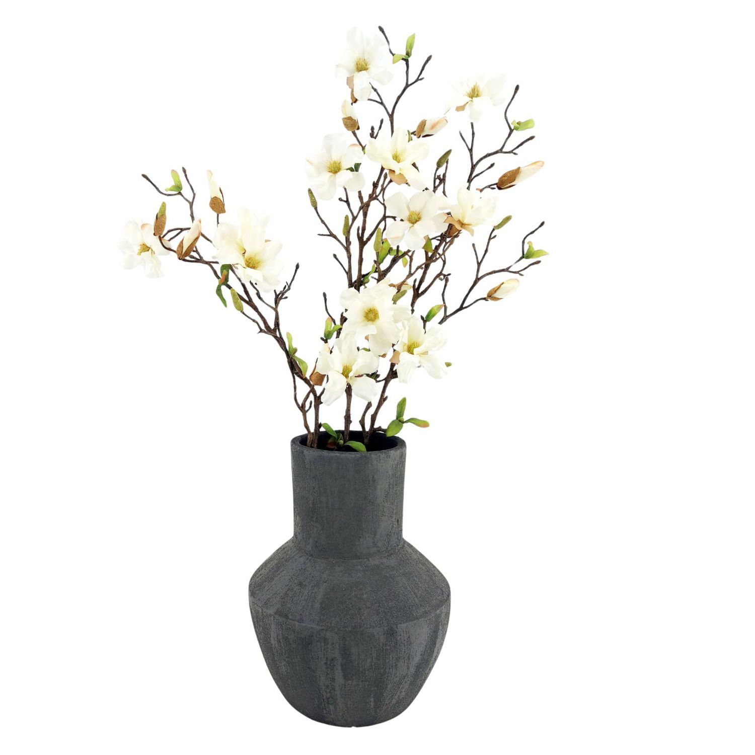 Vase mit weißen Blüten und grünen Blättern auf einem neutralen Hintergrund