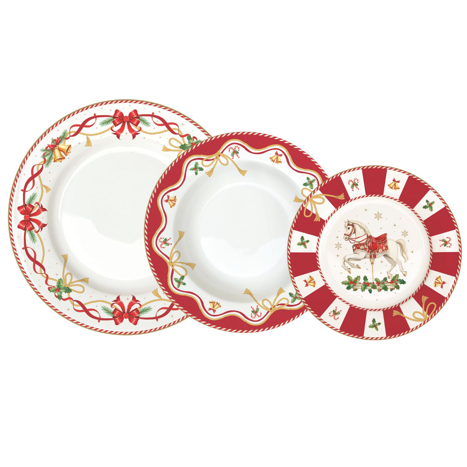 3 Teller mit weihnachtlichem Dekor mit Schleifen, Glocken und Schaukelpferd
