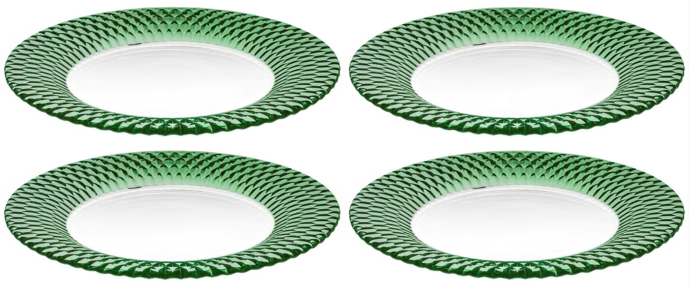 Vier grüne, dekorative Teller mit gewelltem Rand und glatter, transparenter Mitte.