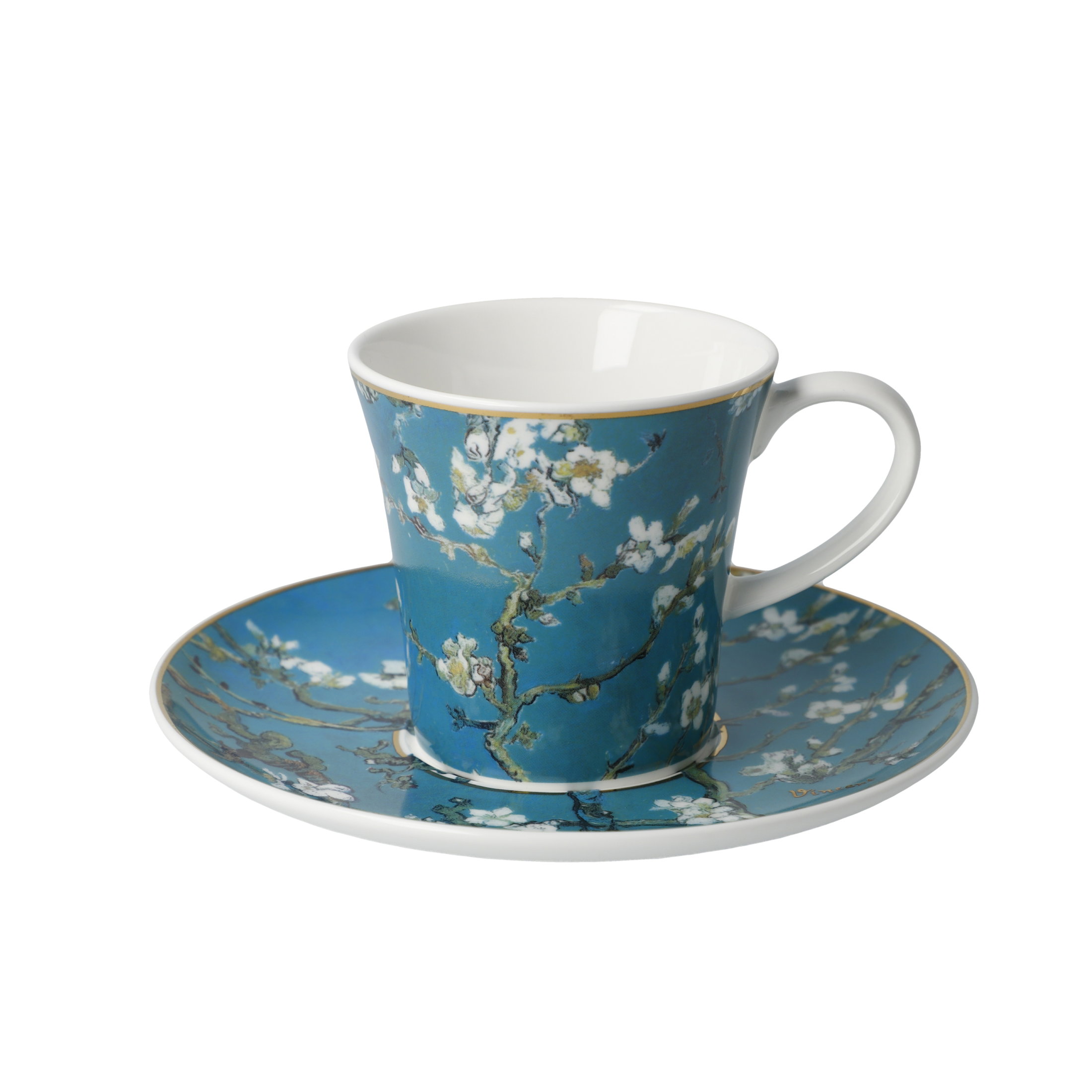 Tasse mit Untertasse, verziert mit blühenden Zweigen auf blauem Hintergrund und goldenen Akzenten.