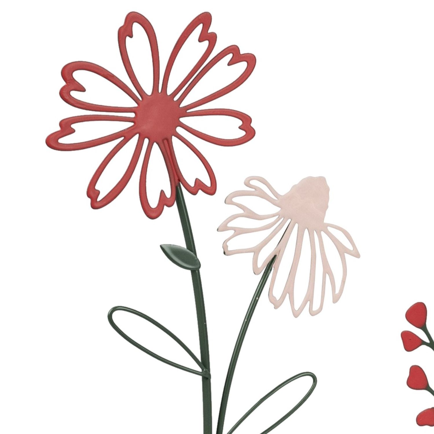 Zwei stilisierte Blumen mit roten und rosa Drahtblüten auf weißem Hintergrund