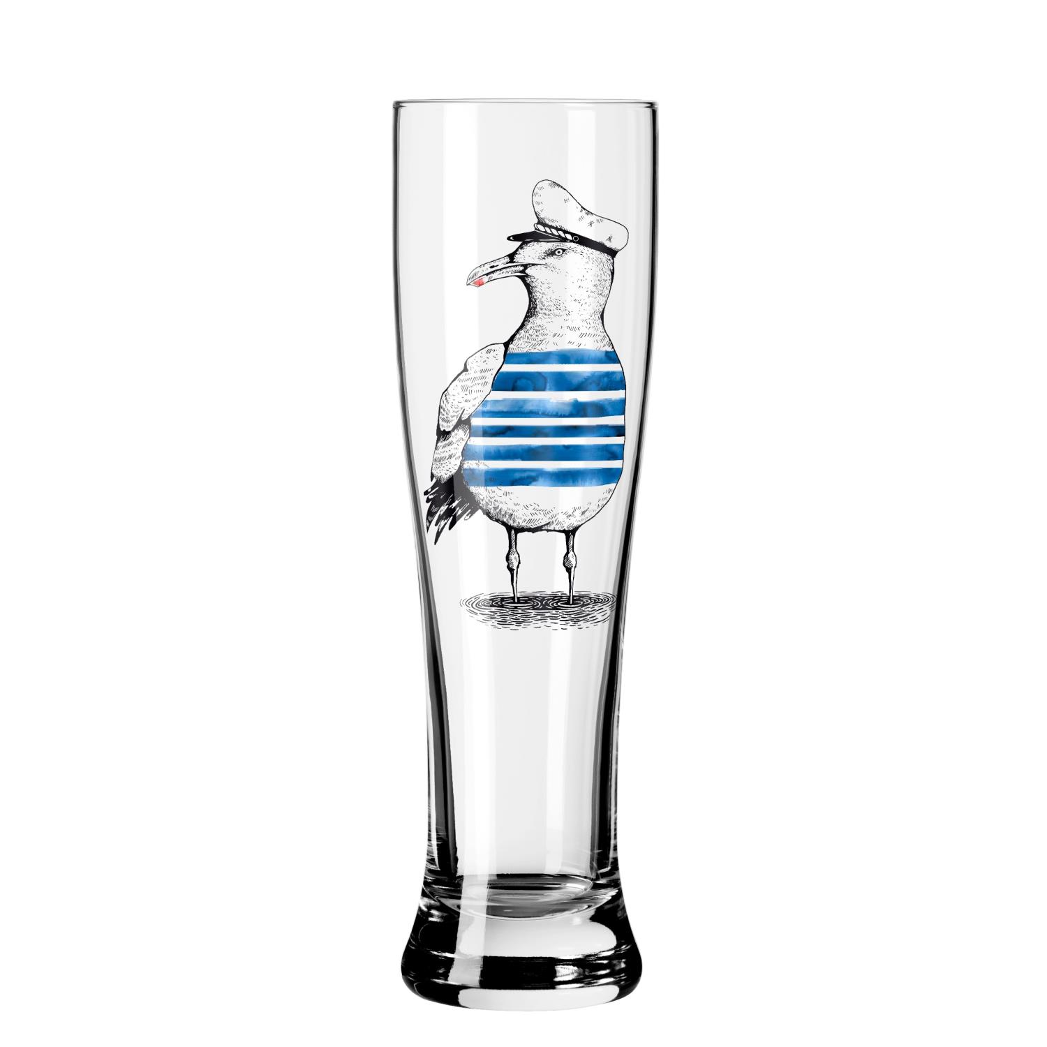 Ein hohes Glas mit einer Illustration eines Möwe in gestreiftem Shirt und Kapitänsmütze.