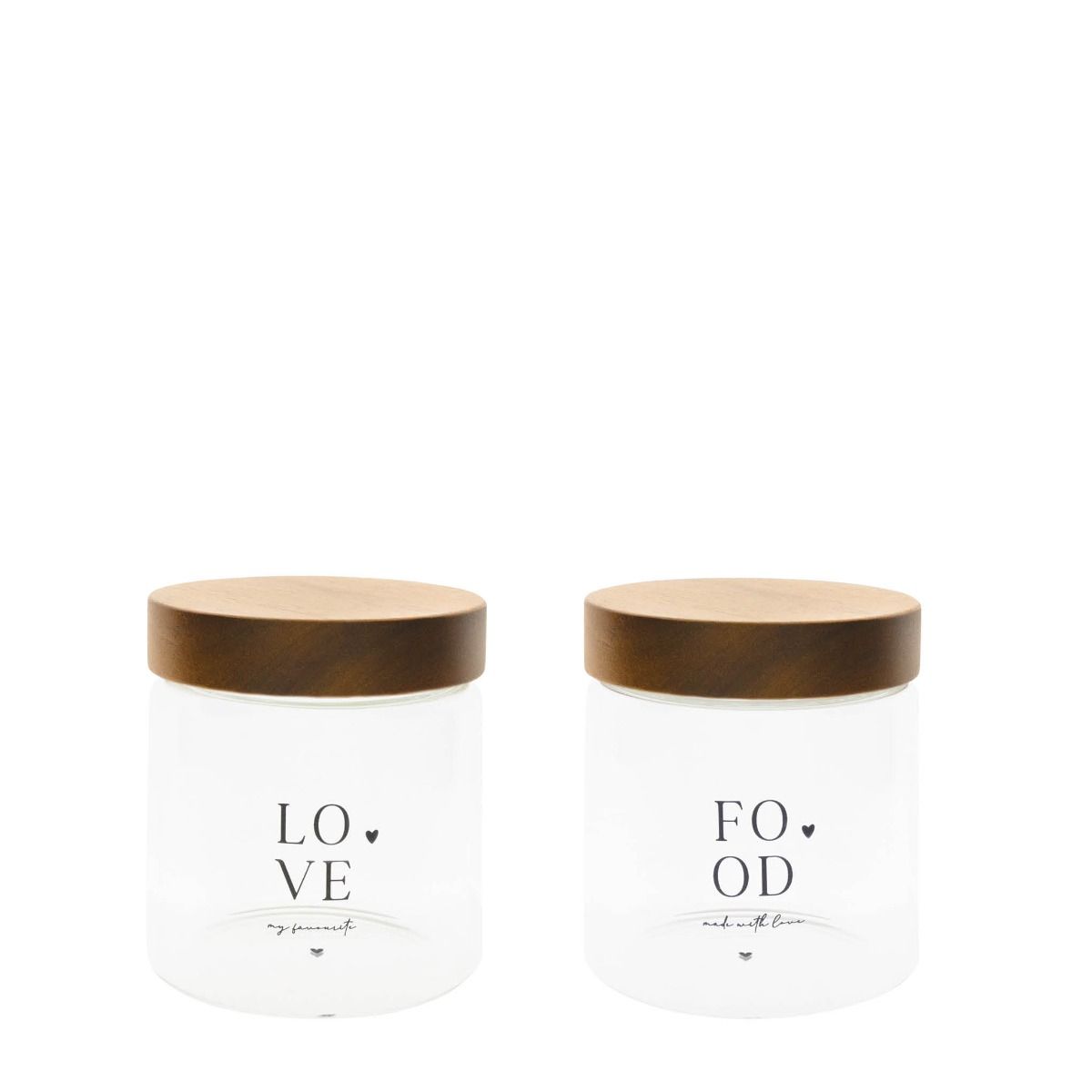 Zwei transparente Gläser mit Holzdeckel, beschriftet mit ""LOVE"" und ""FOOD"".