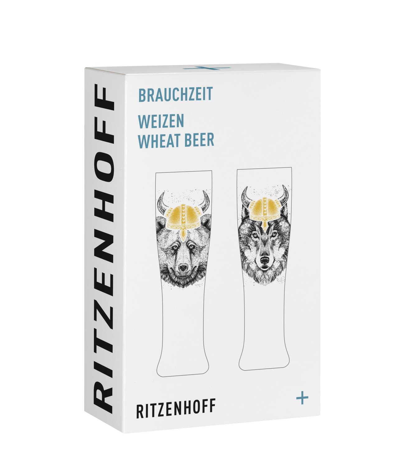 Verpackung mit zwei Gläsern, jeweils mit einem Bären- und einem Wolfsmotiv, auf weißem Hintergrund. Schriftzüge in Blau und Schwarz.