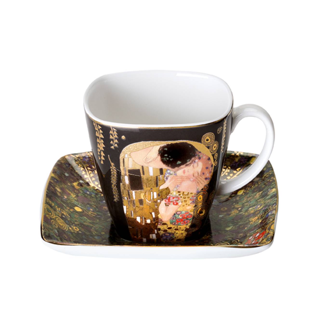 Tasse mit Untertasse, verziert mit einem künstlerischen Motiv auf schwarzem Hintergrund. Tasse hat einen Henkel.