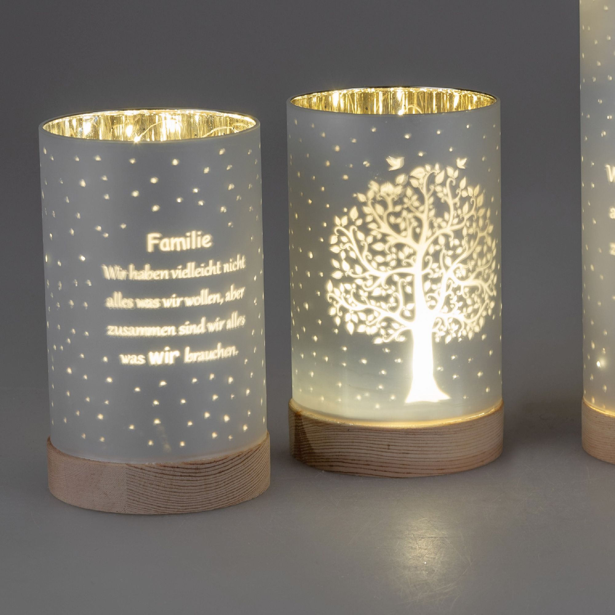 2er Set LED Tischlampen Zylinder LEBENSBAUM Höhe 15cm silber Glas + Holz von FORMANO