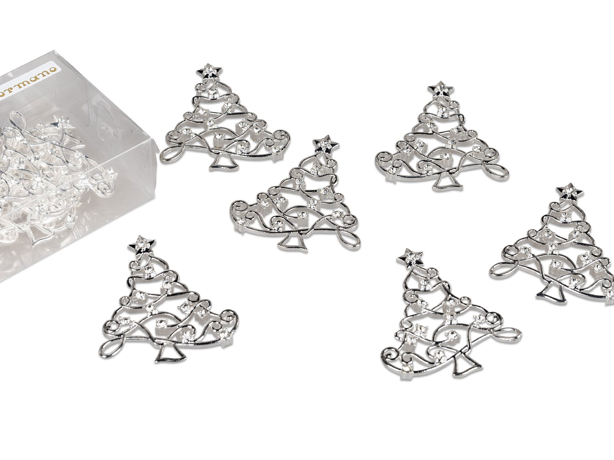 Sechs silberne Weihnachtsbaum-Dekorationen mit Glitzersteinen, umgeben von einer transparenten Verpa