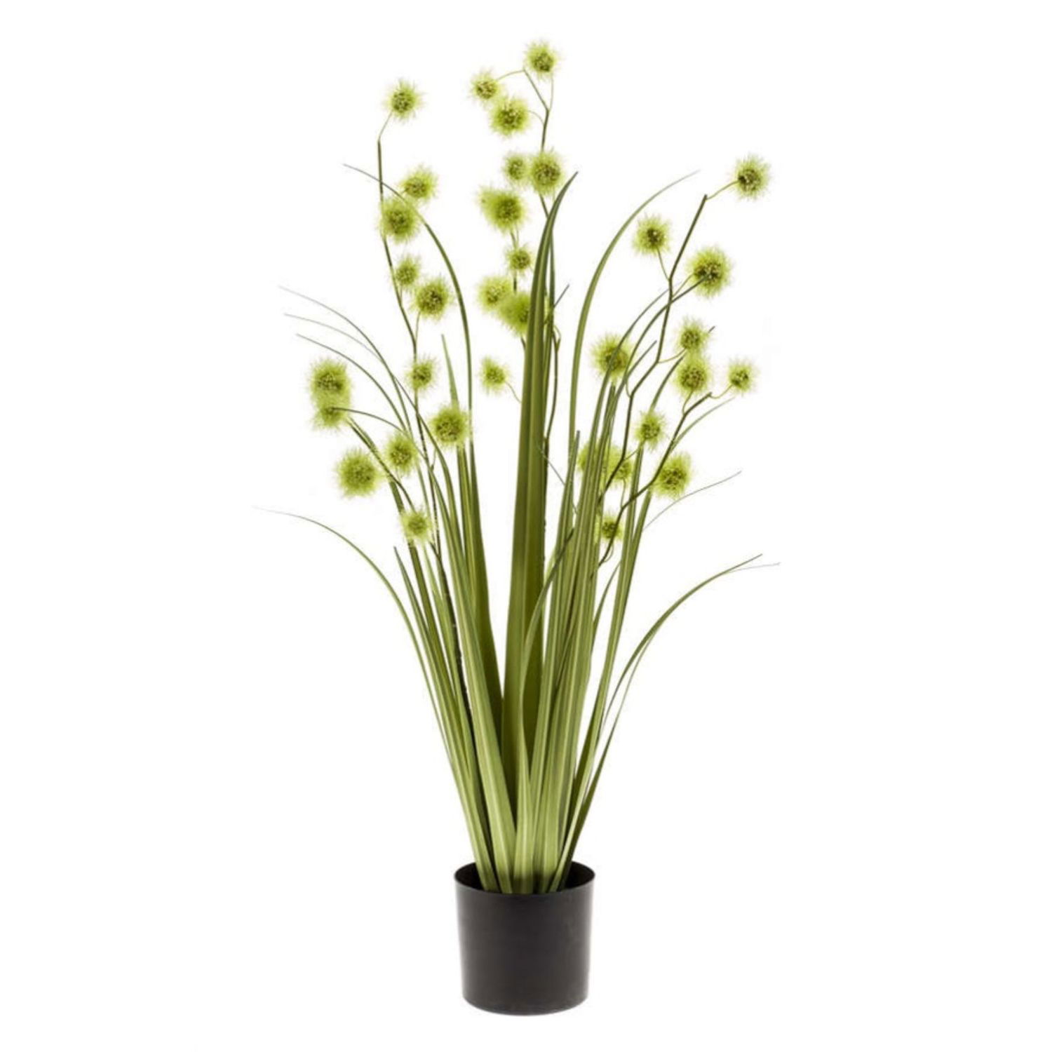 Künstliche Pflanze mit langen, grünen Blättern und kugeligen, hellgrünen Blüten in einem schwarzen Topf.