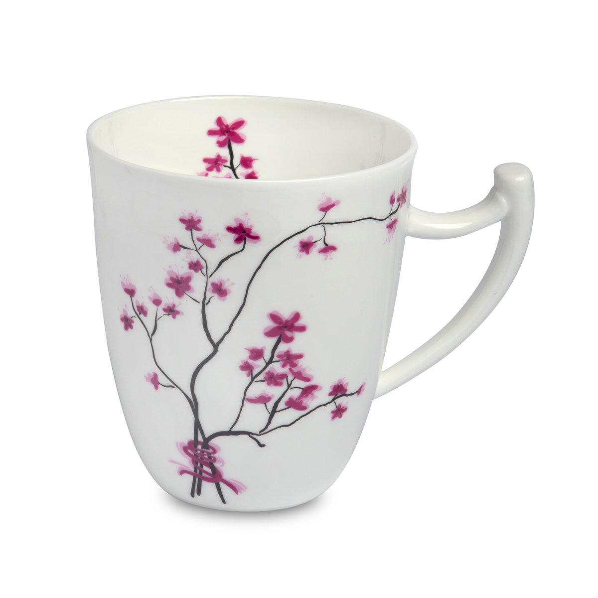 Weiße Tasse mit einem floralen Muster in Pink, das Zweige und Blüten zeigt. Die Tasse hat einen stab
