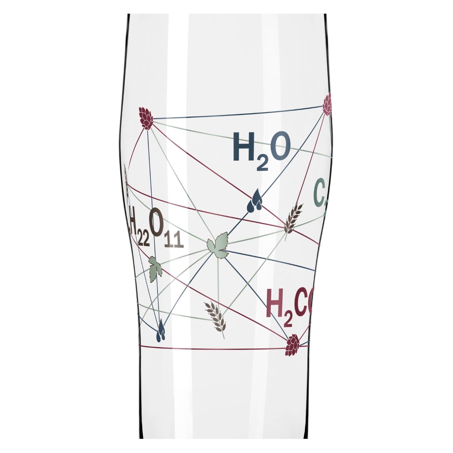 Ein Glas mit chemischen Formeln und grafischen Elementen, darunter H₂O, C und Pflanzenmotive, verbunden durch Linien.