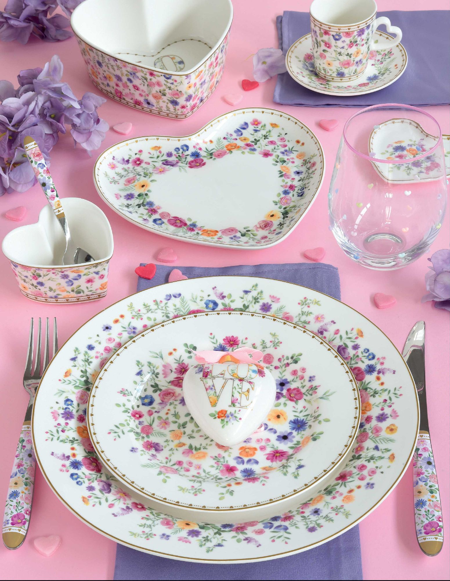 6er Kuchenteller MON AMOUR Herzen & Blumen D. 19cm weiß bunt Porzellan Easy Life