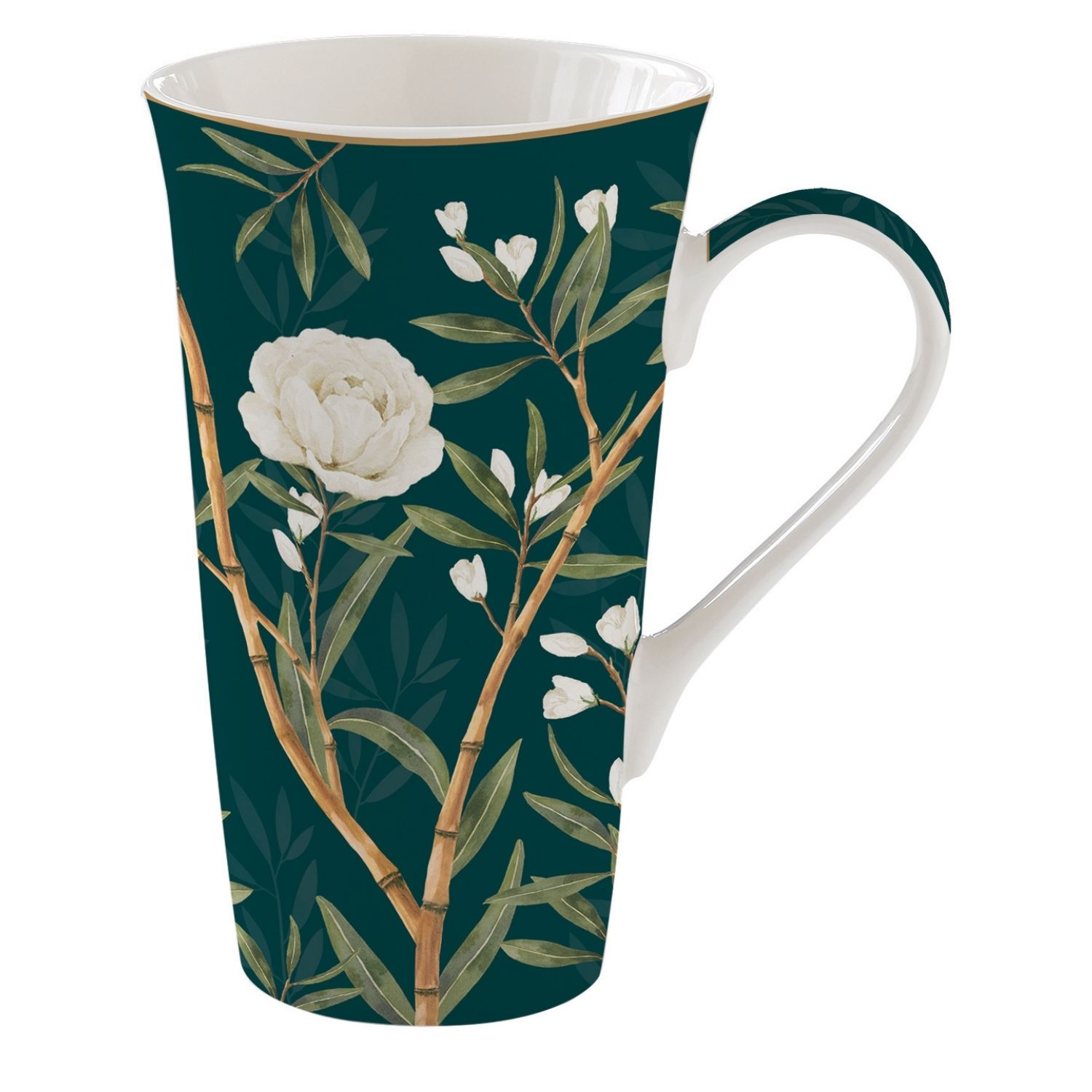 Tasse mit floralem Muster in Grün und Weiß, mit einem Henkel