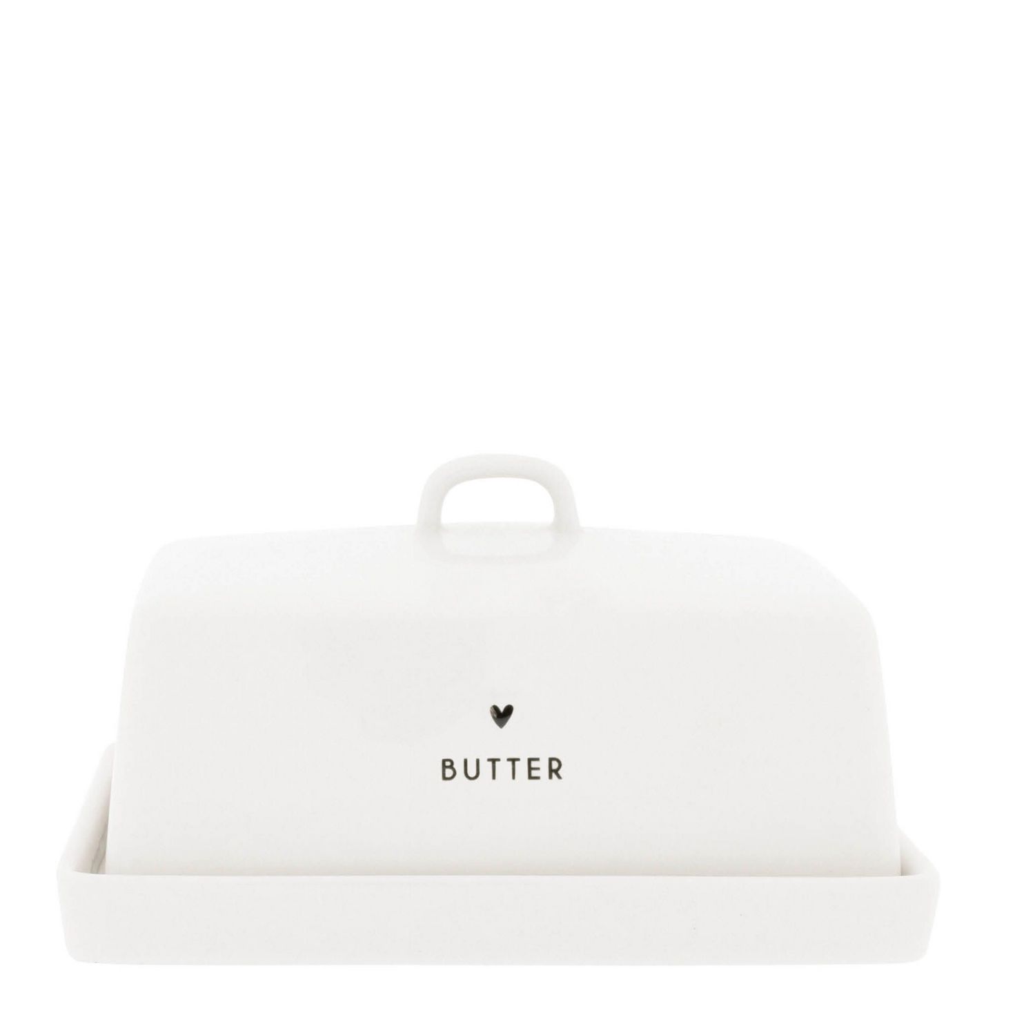 Weiße Butterdose mit Deckel und schwarzer Schrift ""BUTTER""