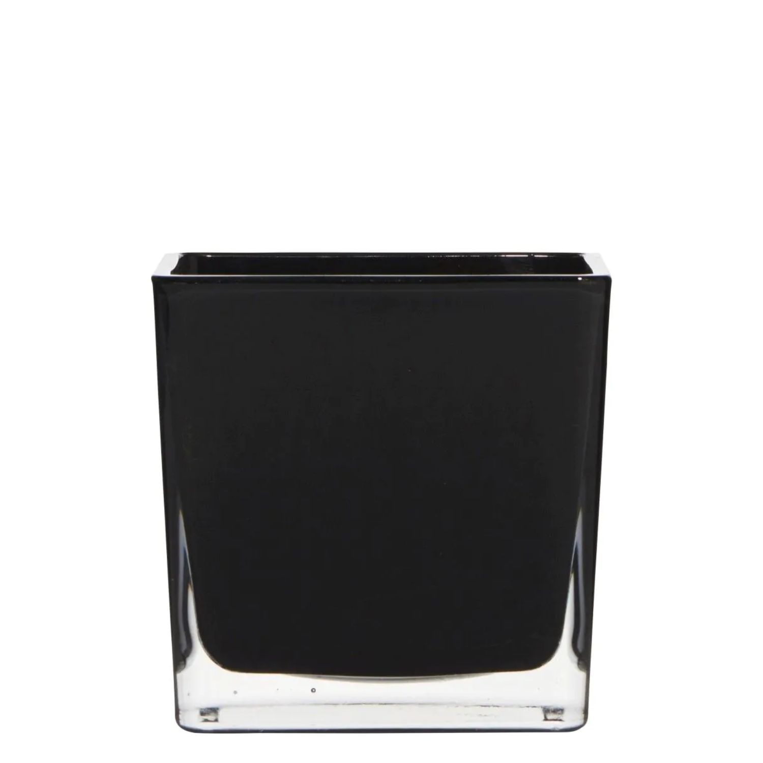 Schwarzer, quadratischer Glasbehälter mit transparentem Boden, ohne Dekoration oder Inhalt.