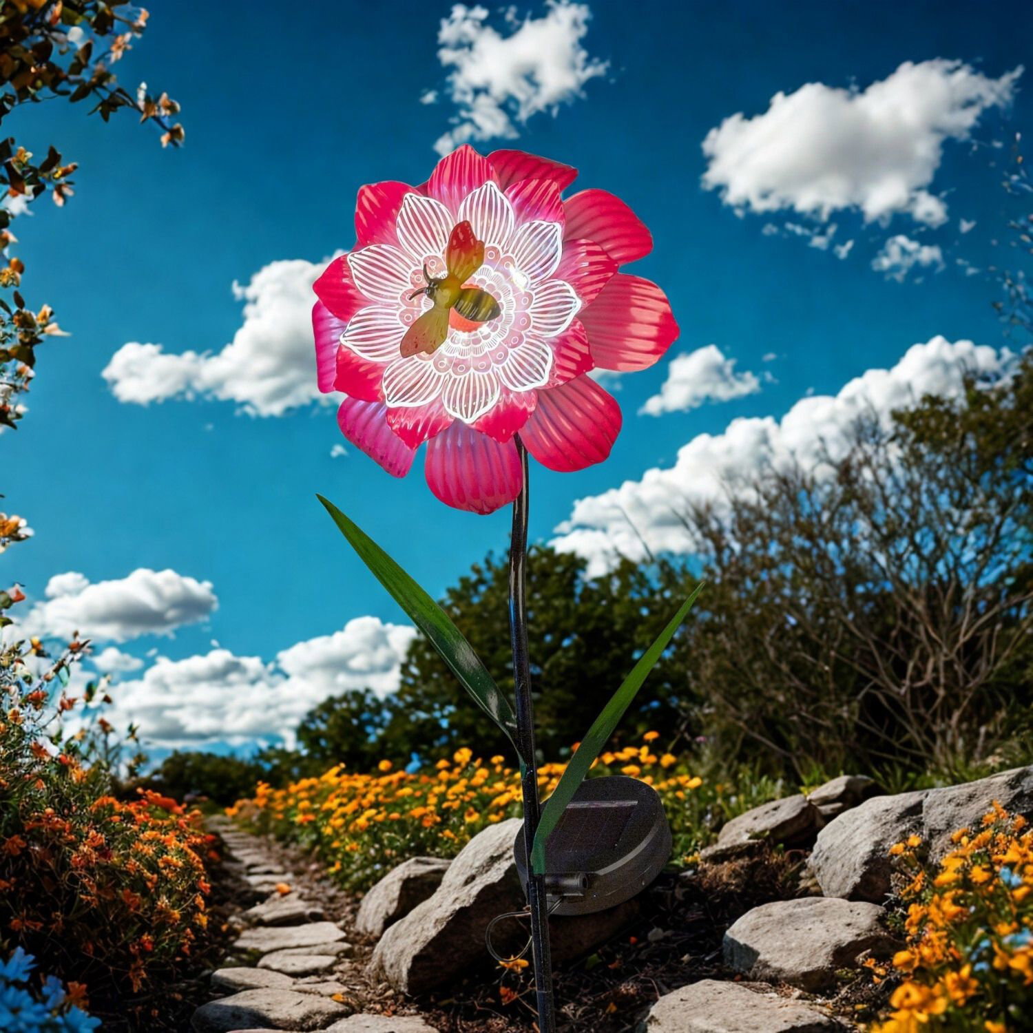 Große pinke künstliche Blume mit Bienenmotiv auf dem Gartenweg, blauer Himmel mit Wolken