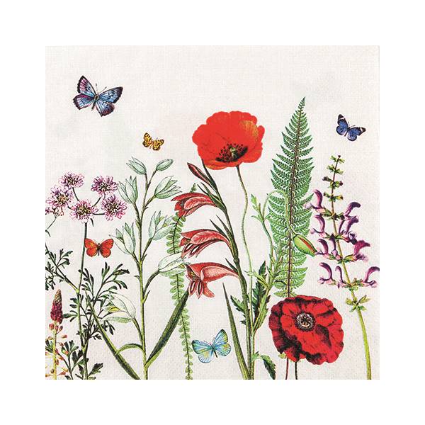 Bunte Blumen und Schmetterlinge auf hellem Hintergrund, darunter Mohnblumen, Farne und verschiedene Pflanzenarten.