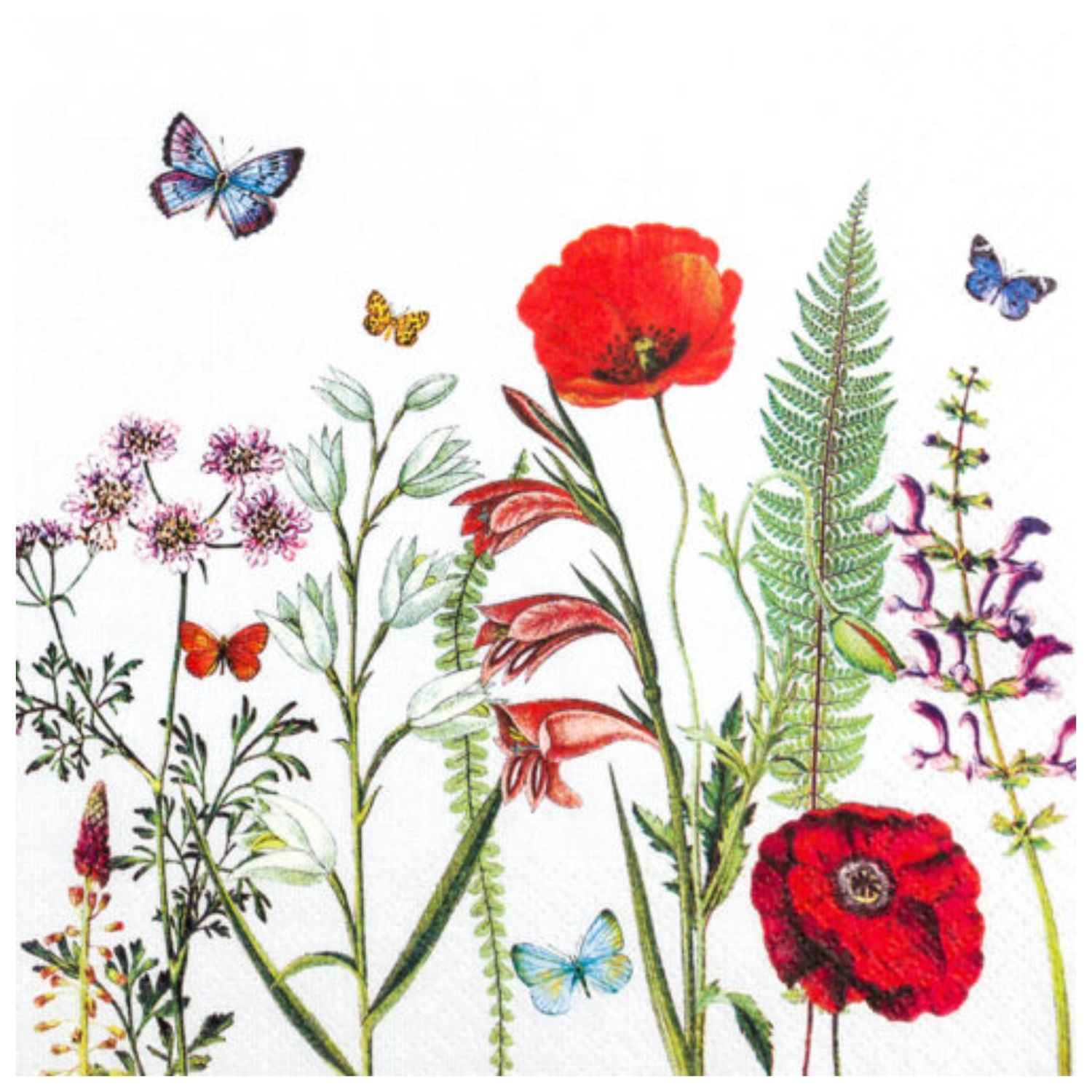 Bunte Blumen und Schmetterlinge auf hellem Hintergrund, darunter Mohnblumen, Farne und verschiedene Pflanzenarten.