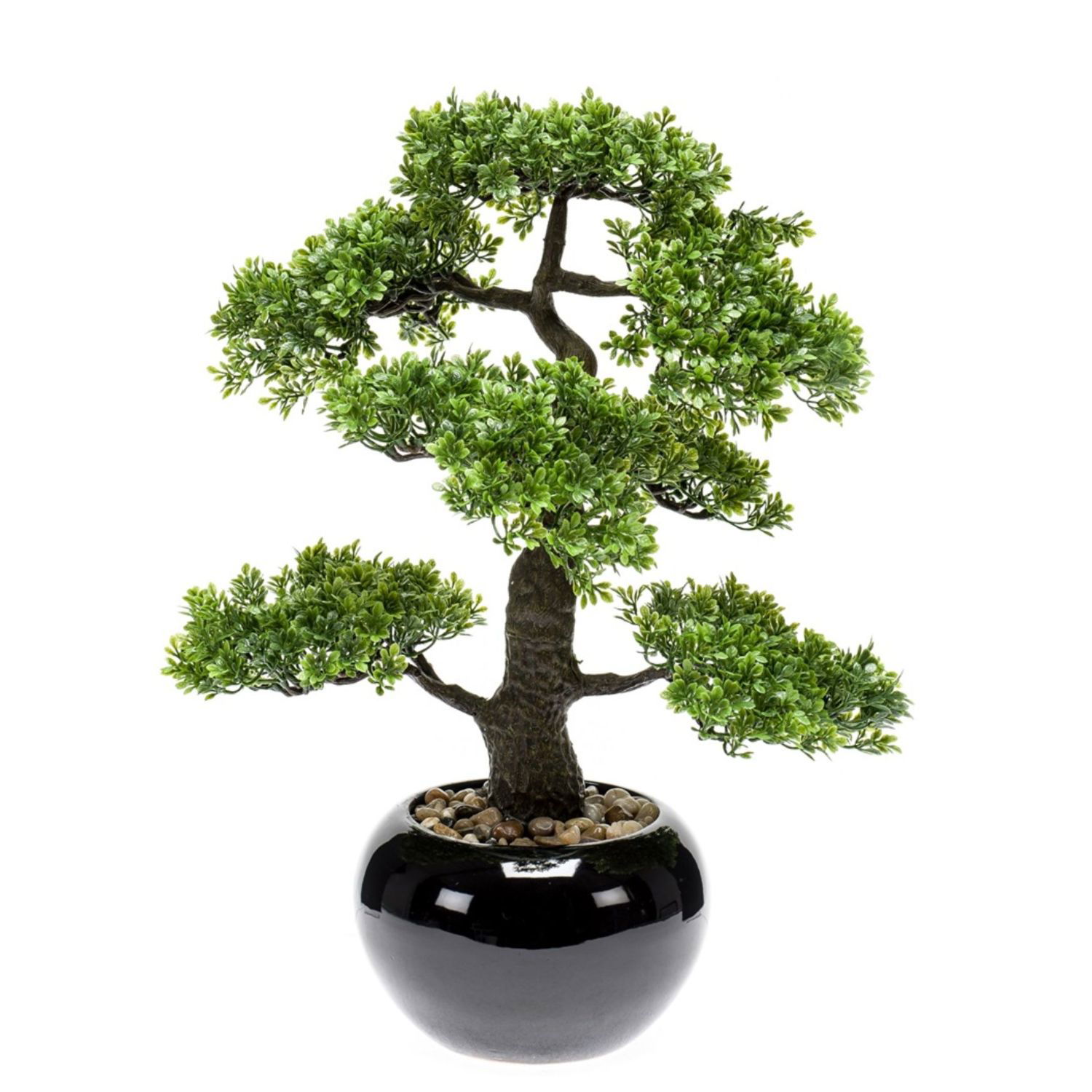 Künstlicher Bonsai-Baum mit grünen Blättern in einem schwarzen Topf, umgeben von kleinen Steinen.
