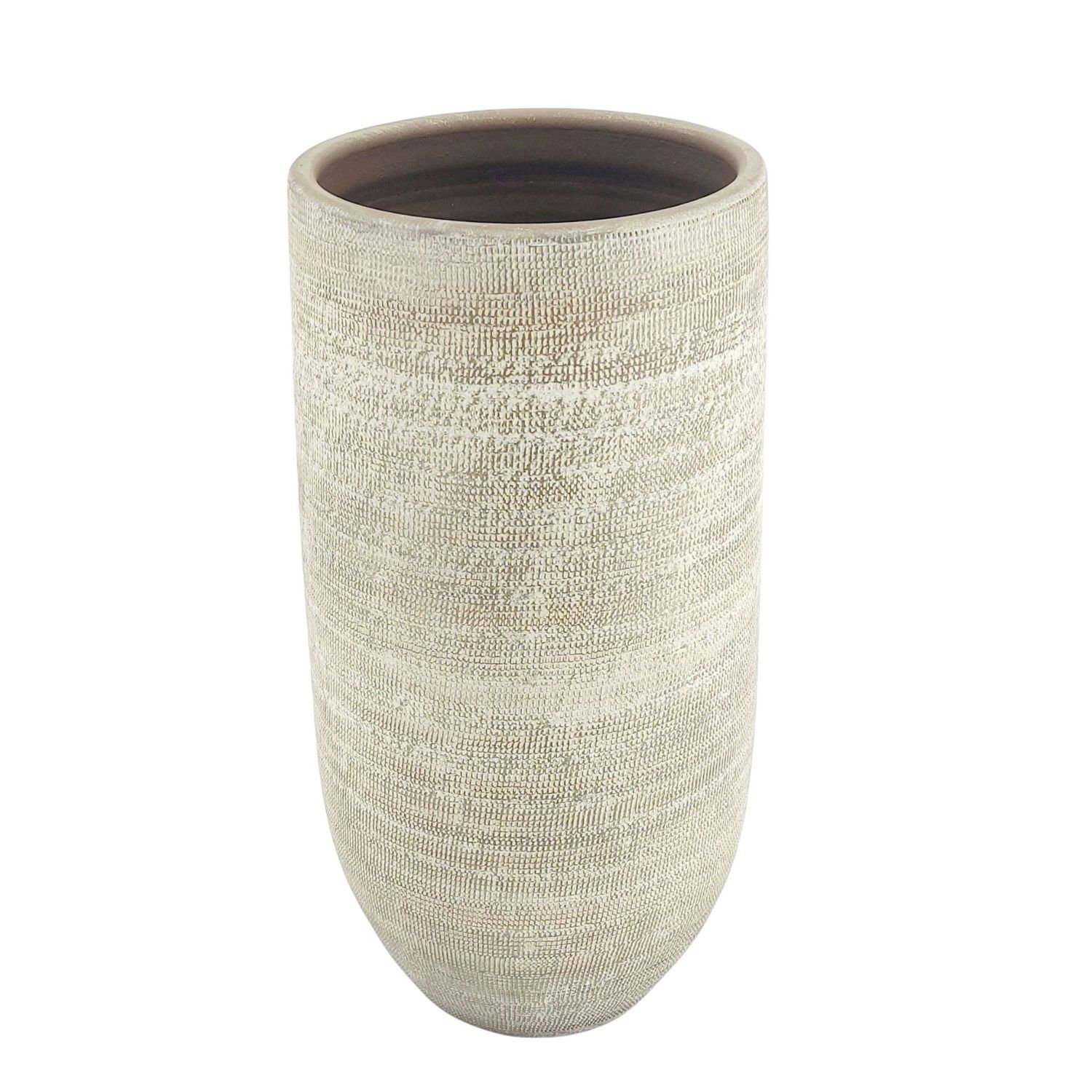 Zylindrische beige Vase mit feiner Textur auf weißem Hintergrund