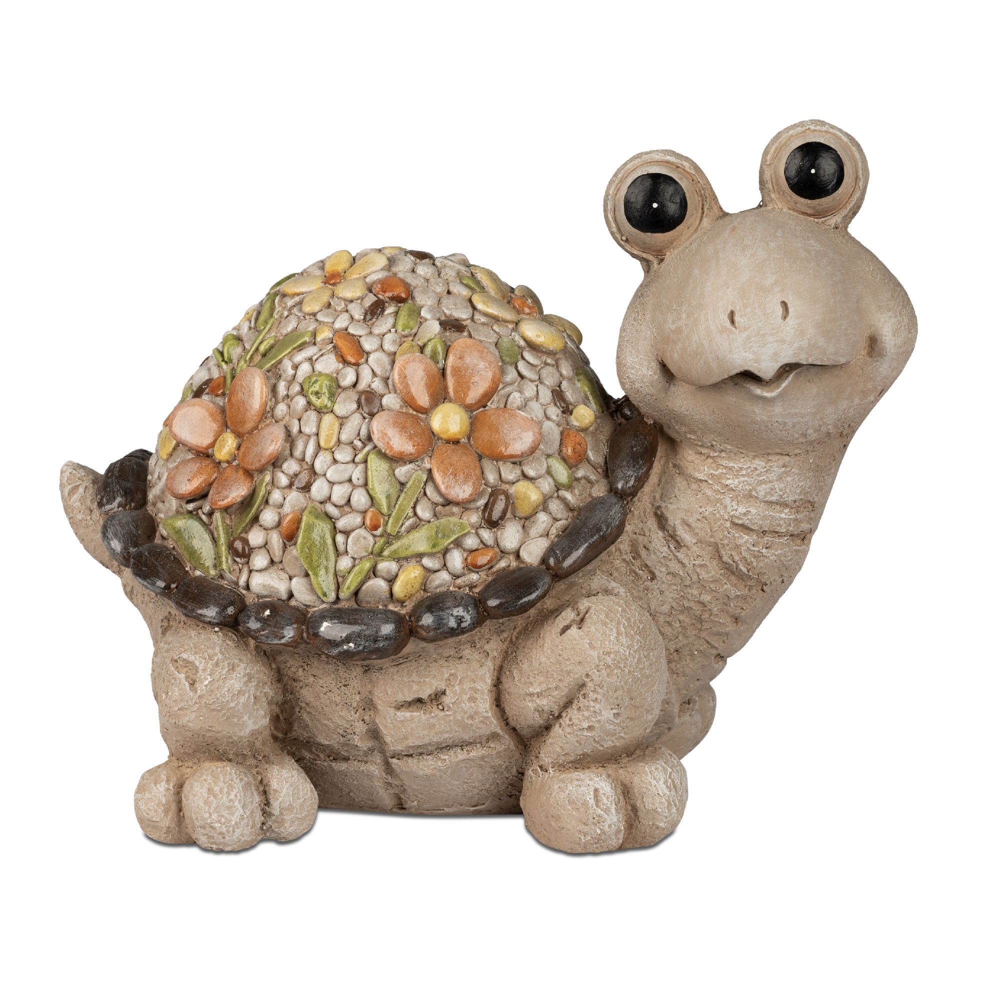 Eine dekorative Schildkröte aus Keramik mit einem bunten, blumenverzierten Panzer und großen, runden Augen.