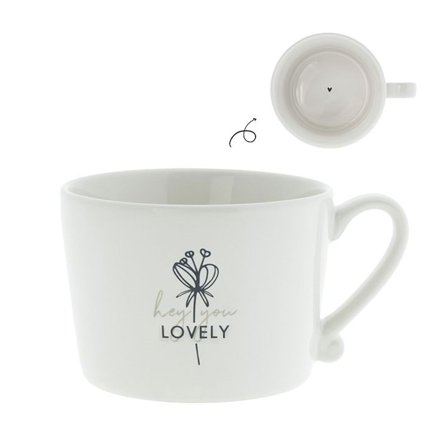 Weiße Tasse mit einem Blumenmotiv und dem Text "hey you LOVELY". Die Innenseite ist schlicht und unbedruckt.
