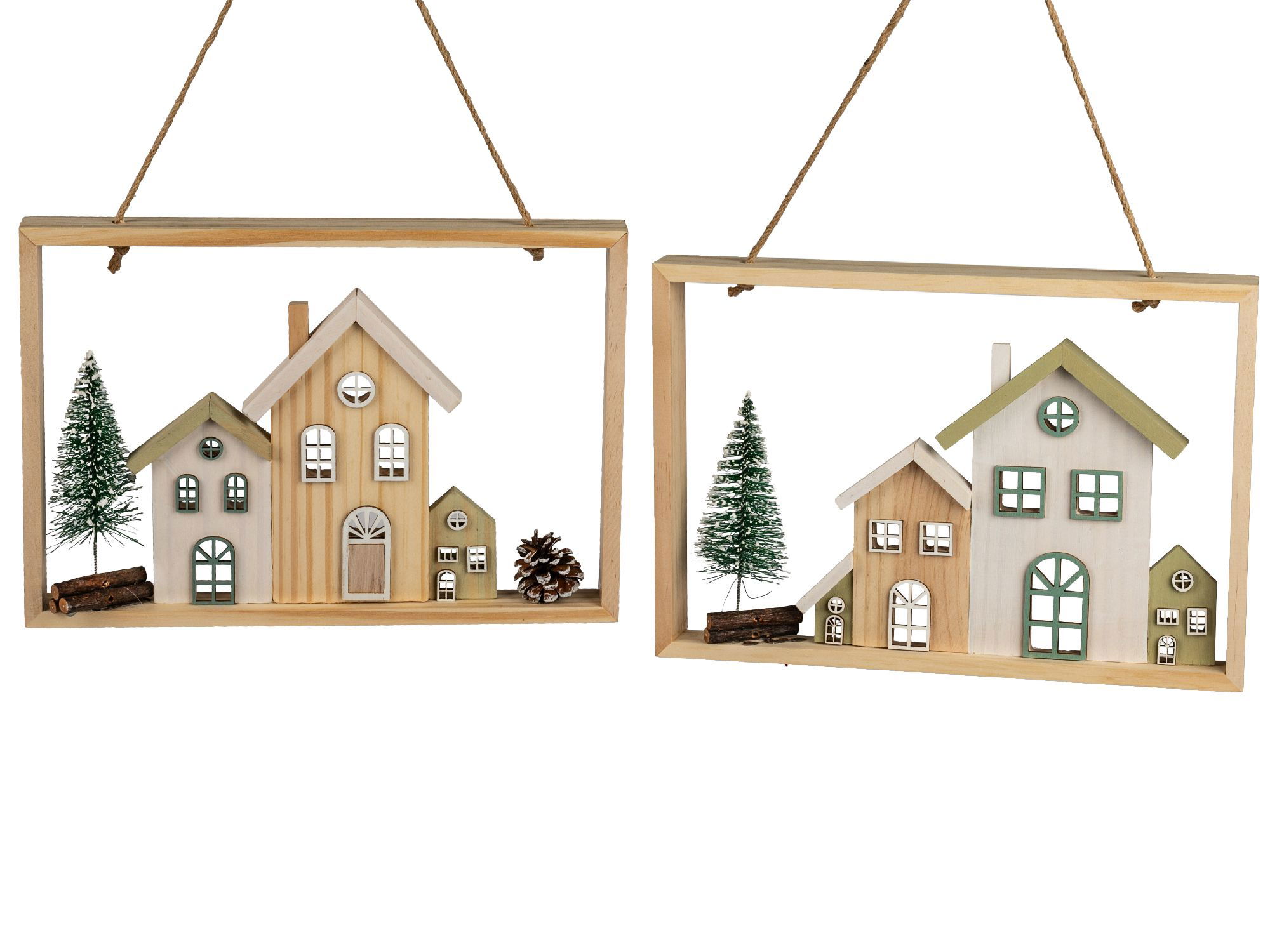 Zwei Holzrahmen mit Miniaturhäusern, Tannenbäumen und einer Tannenzapfen-Dekoration. Helle Farben und verschiedene Fensterformen.