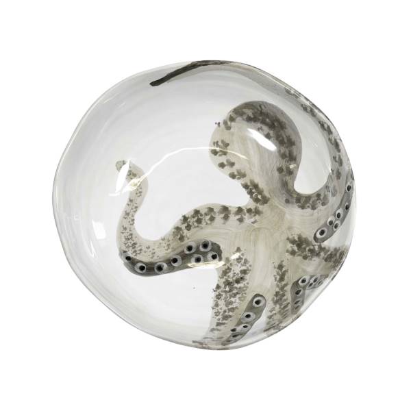 Ein transparenter Teller mit einem stilisierten, grauen Oktopus, der seine Tentakel ausbreitet.
