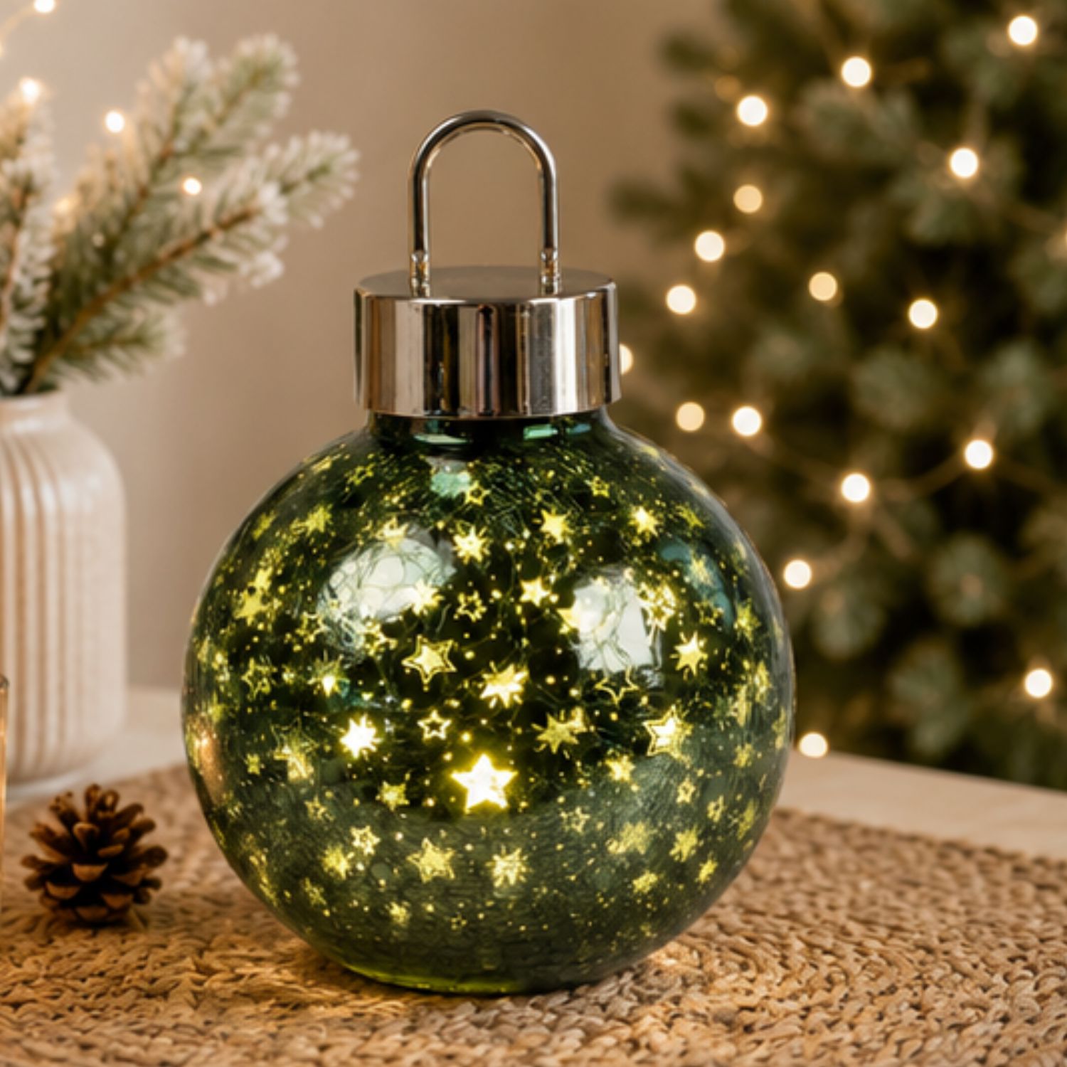 LED Dekoobjekt Weihnachtskugel STERNE grün H. 30cm aus Glas mit Timer Formano