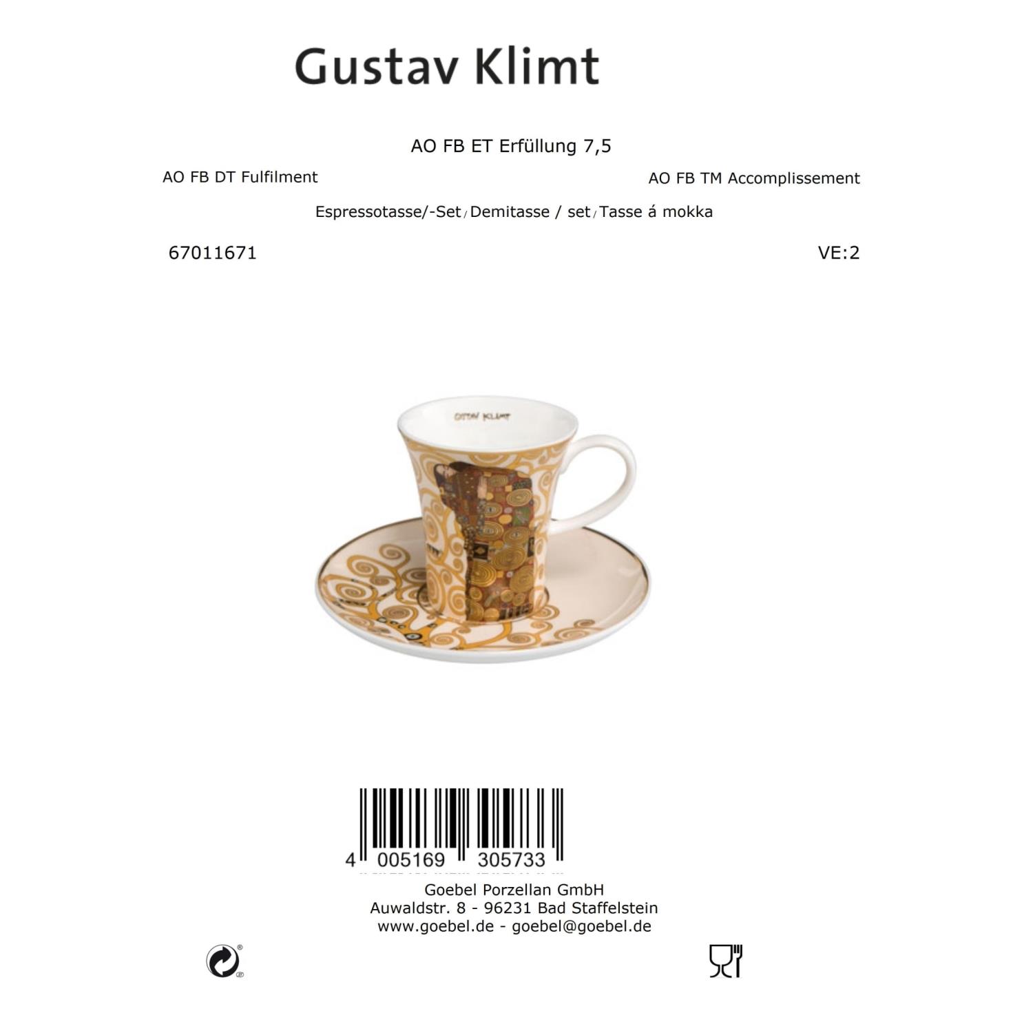 Espressotasse mit Untertasse, verziert mit goldenen und bunten Mustern, beschriftet mit "Gustav Klimt".