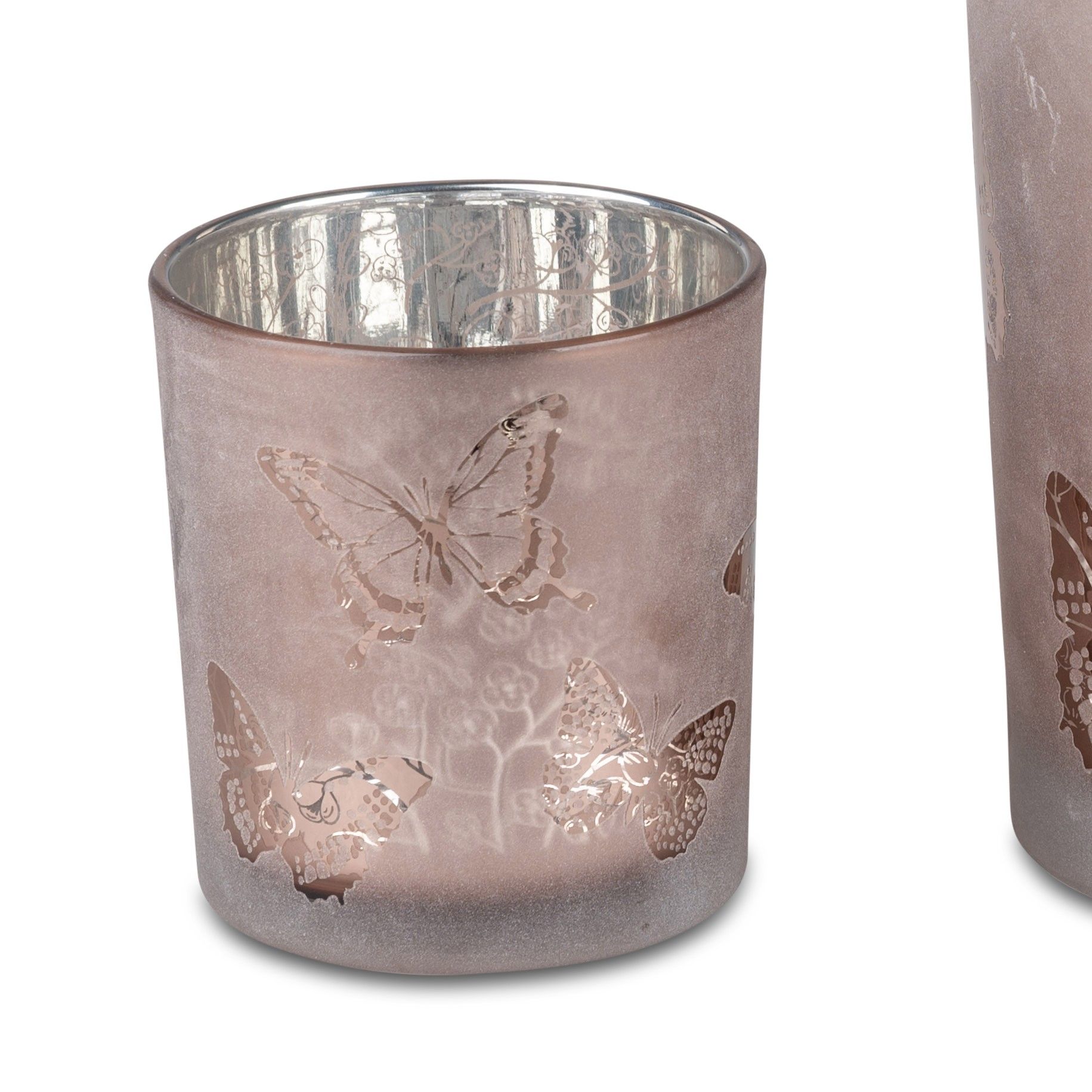 Teelichthalter, Windlicht Schmetterlinge Höhe 8cm rosa silber aus Glas von FORMANO