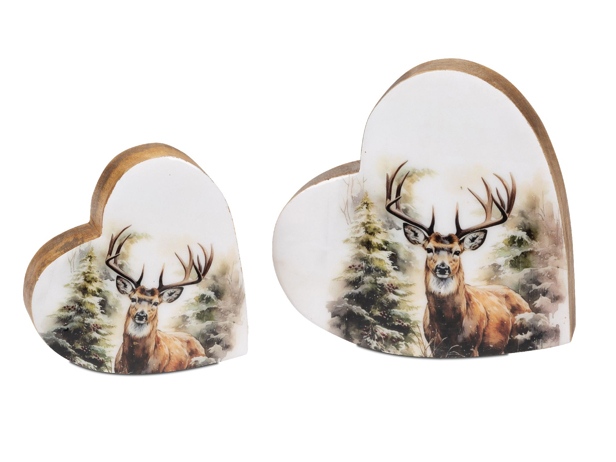 Zwei Deko Herzen, eine größere und eine kleinere, mit einem gemalten Reh und Bäumen im Hintergrund