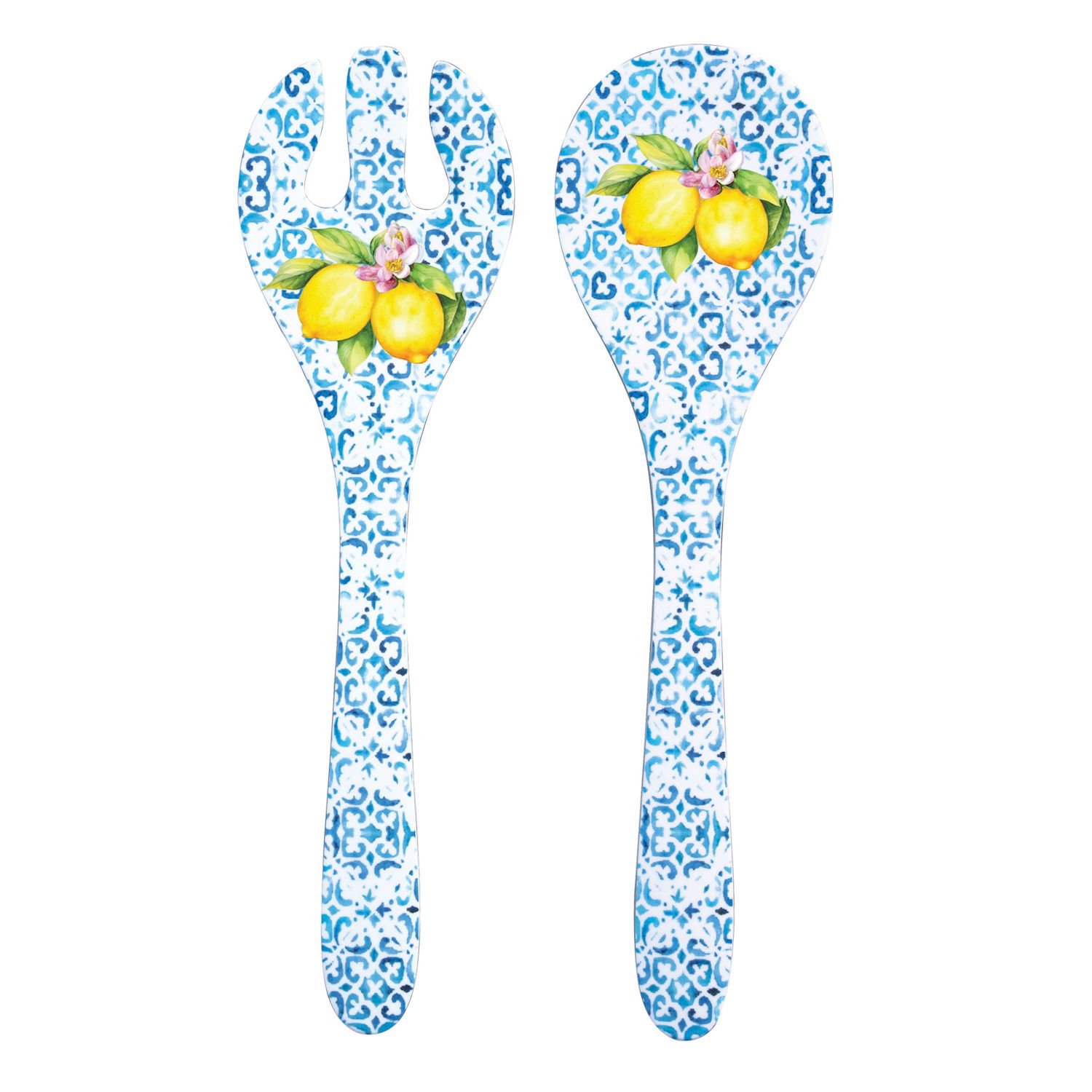 Schüssel + Salatbesteck ISCHIA Zitronen,Durchmesser 29cm weiß blau gelb Melamin von EASY LIFE