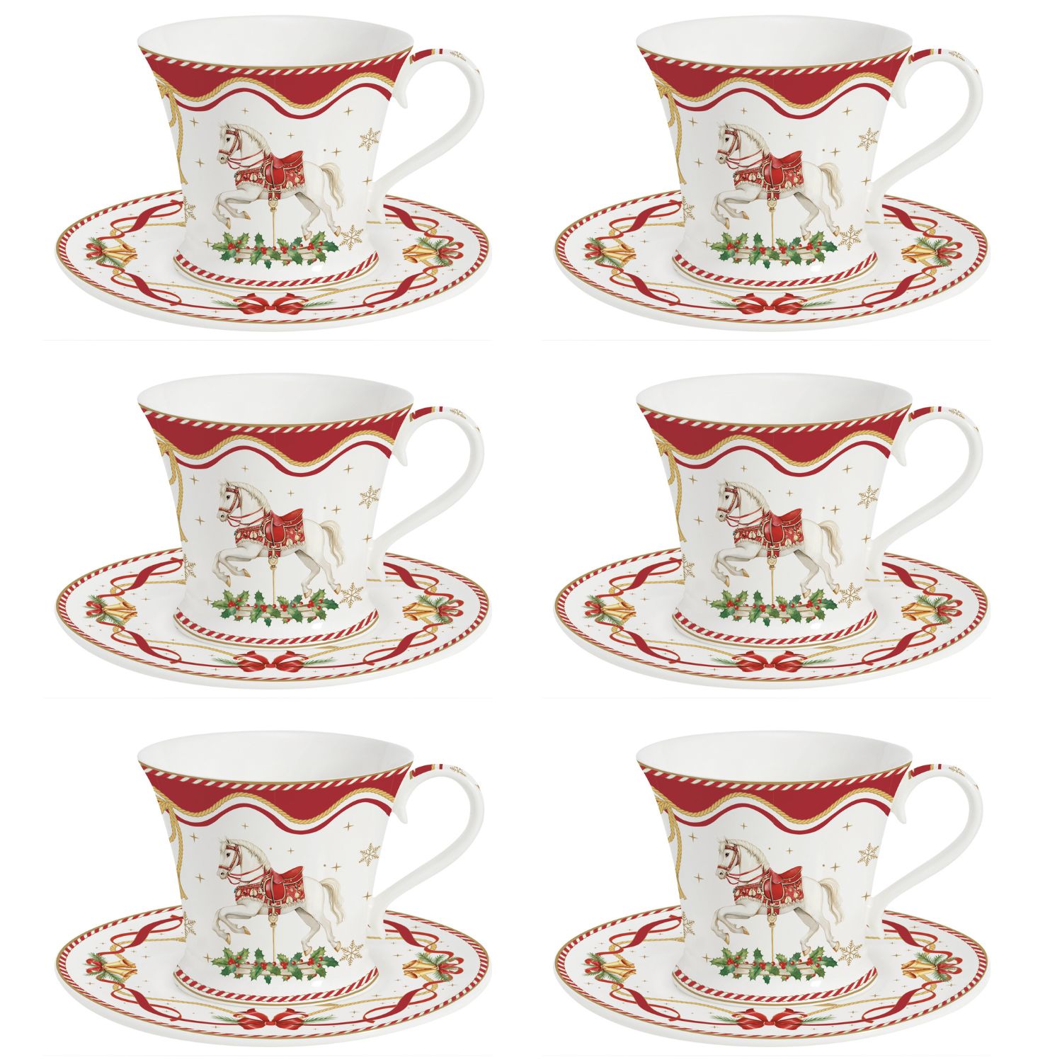 6 Tassen mit Untertasse mit Pferdemotiv und weihnachtlicher Dekoration
