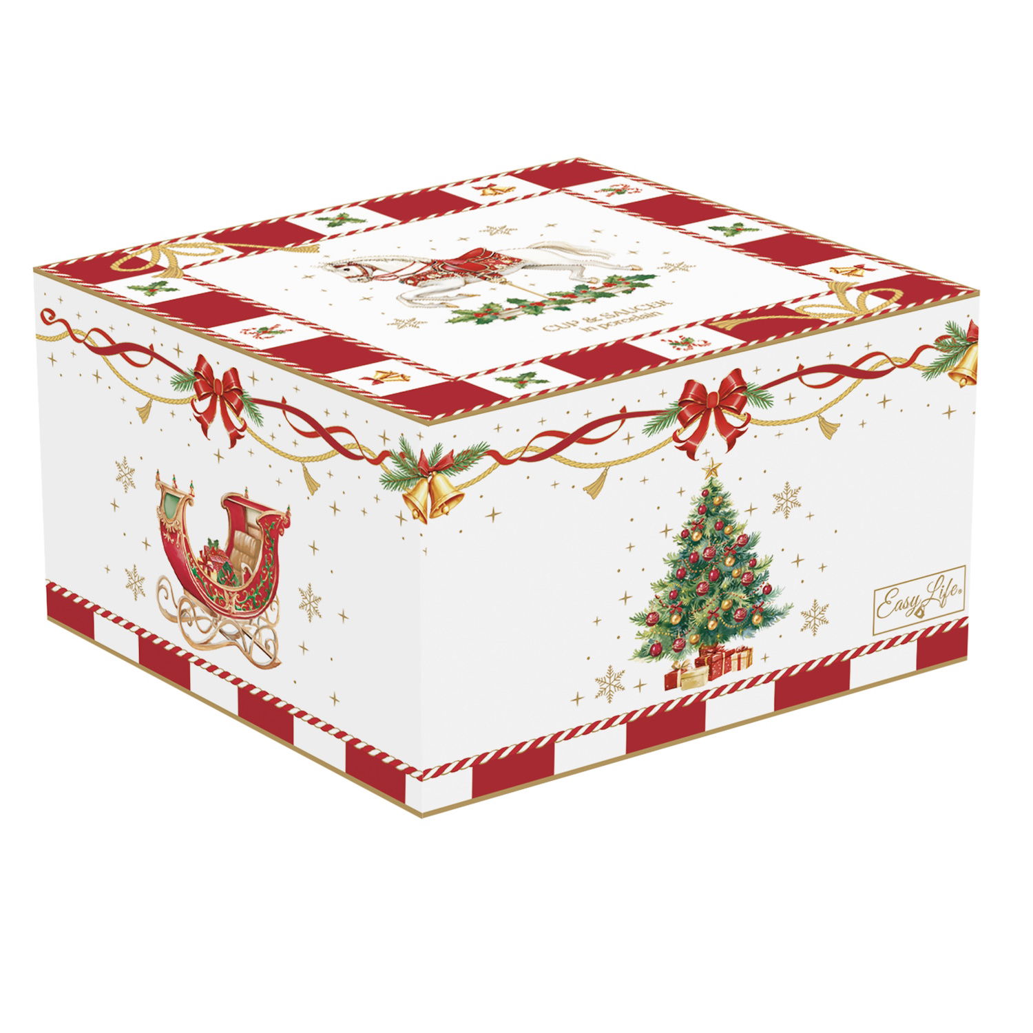 Weihnachtliche Geschenkbox mit Tannenbaum und Schlittenmotiven