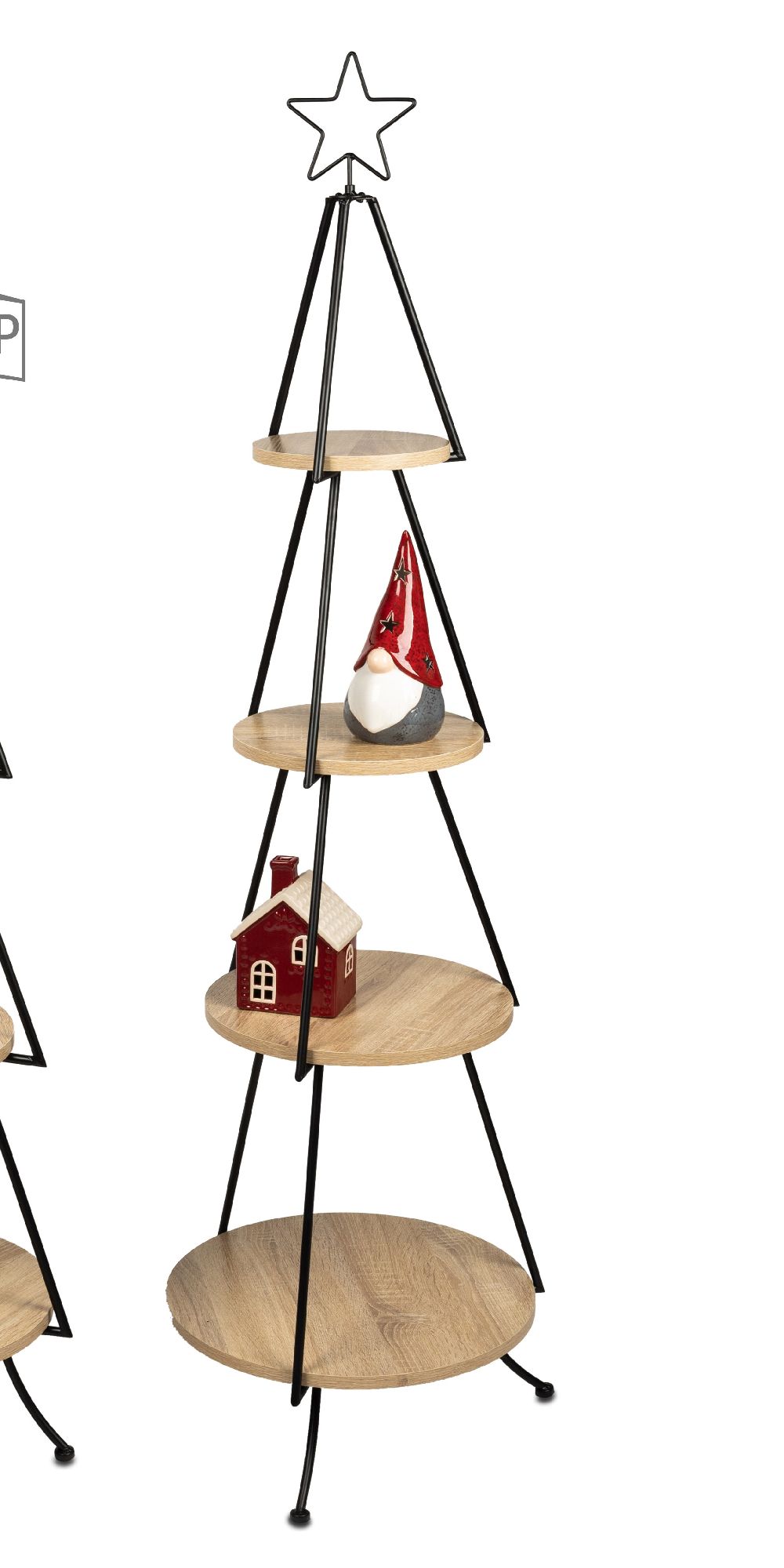 Ein dreistufiges Regal in Form eines Weihnachtsbaums mit einem Stern oben, einem Gnom und einem rote
