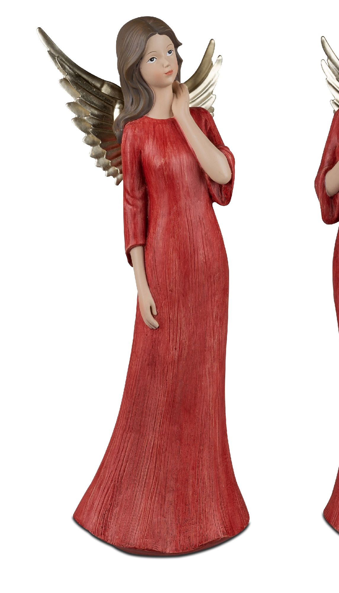 Eine figurative Darstellung eines Engels in rotem Kleid mit langen Ärmeln und goldenen Flügeln. Die